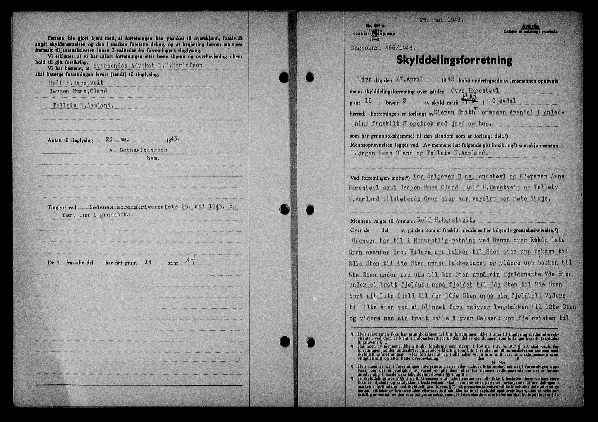 Nedenes sorenskriveri, AV/SAK-1221-0006/G/Gb/Gba/L0050: Mortgage book no. A-IV, 1942-1943, Diary no: : 466/1943