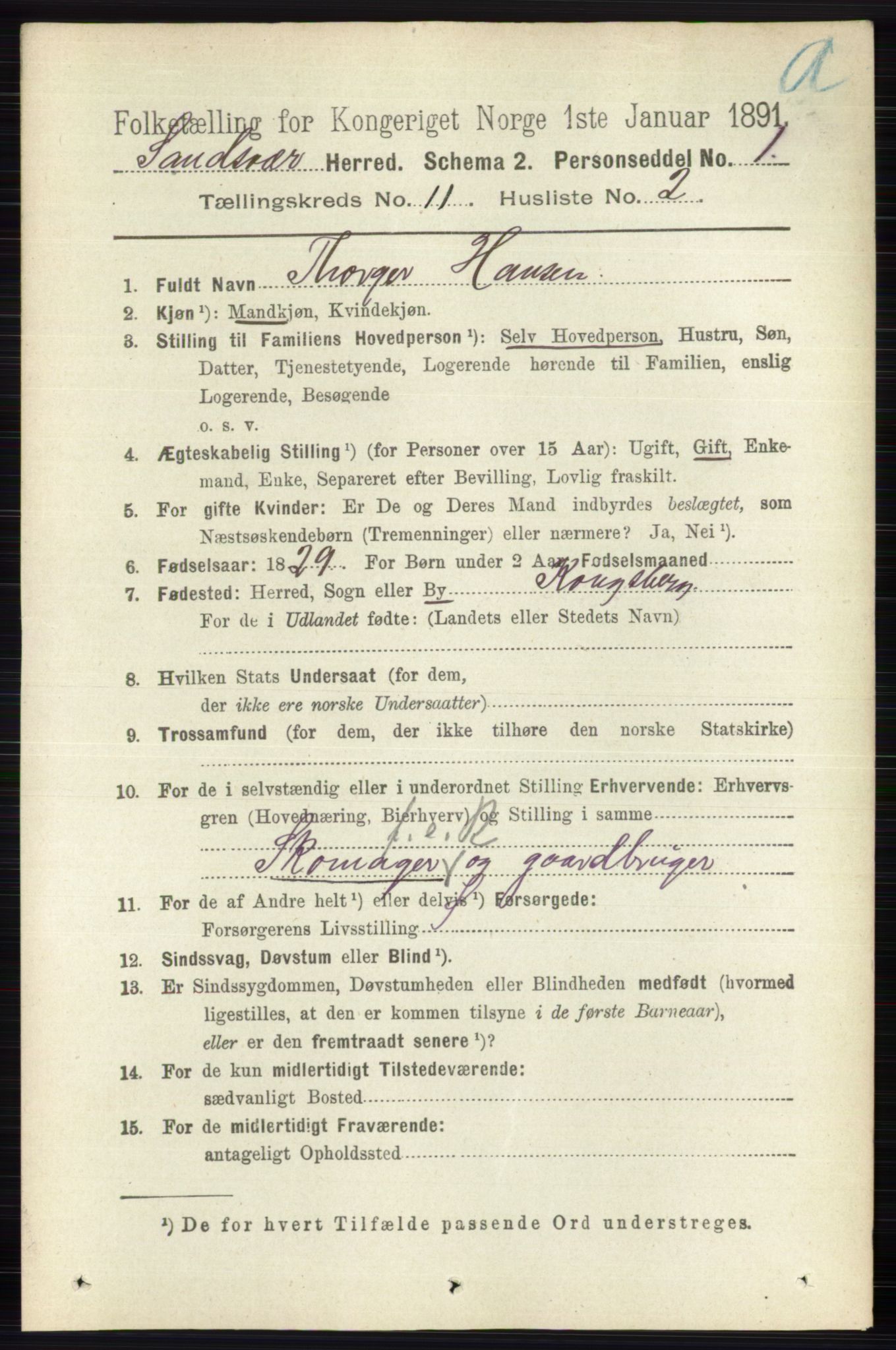 RA, 1891 census for 0629 Sandsvær, 1891, p. 5489