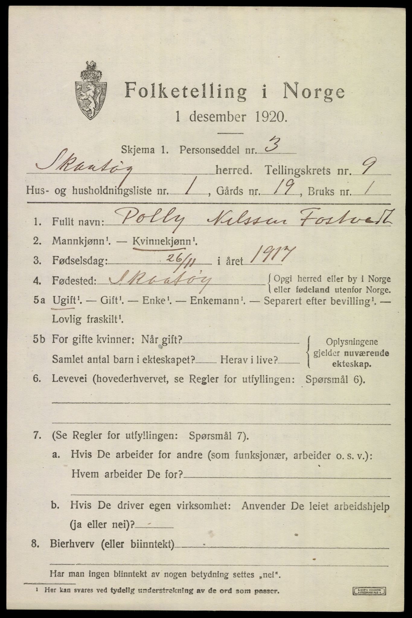 SAKO, 1920 census for Skåtøy, 1920, p. 6644