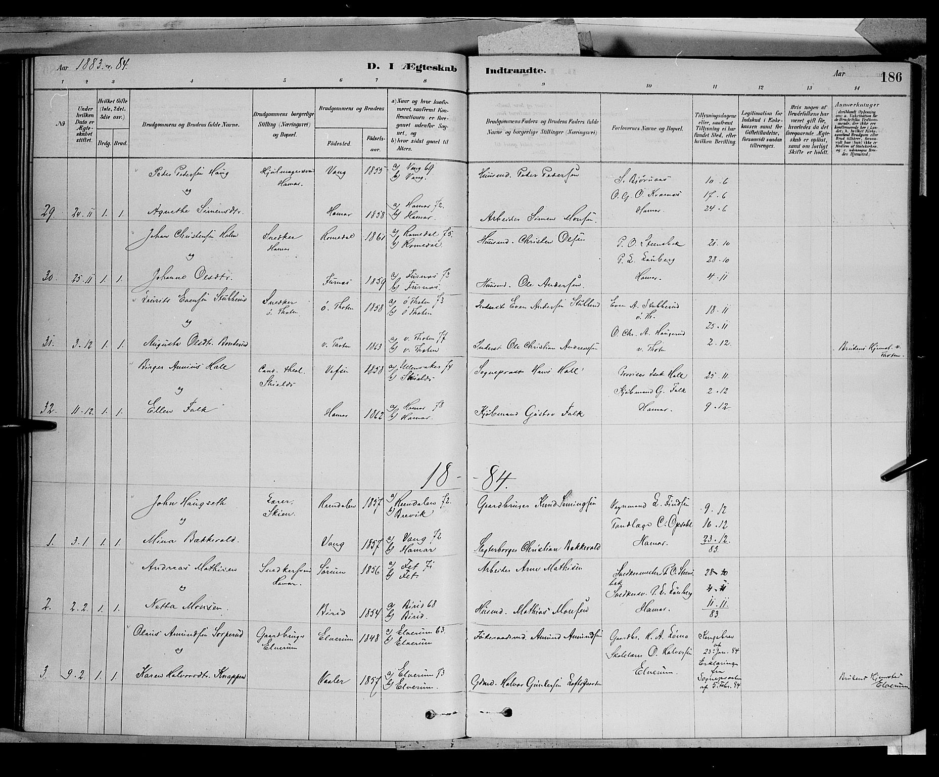 Vang prestekontor, Hedmark, SAH/PREST-008/H/Ha/Haa/L0016: Parish register (official) no. 16, 1878-1889, p. 186