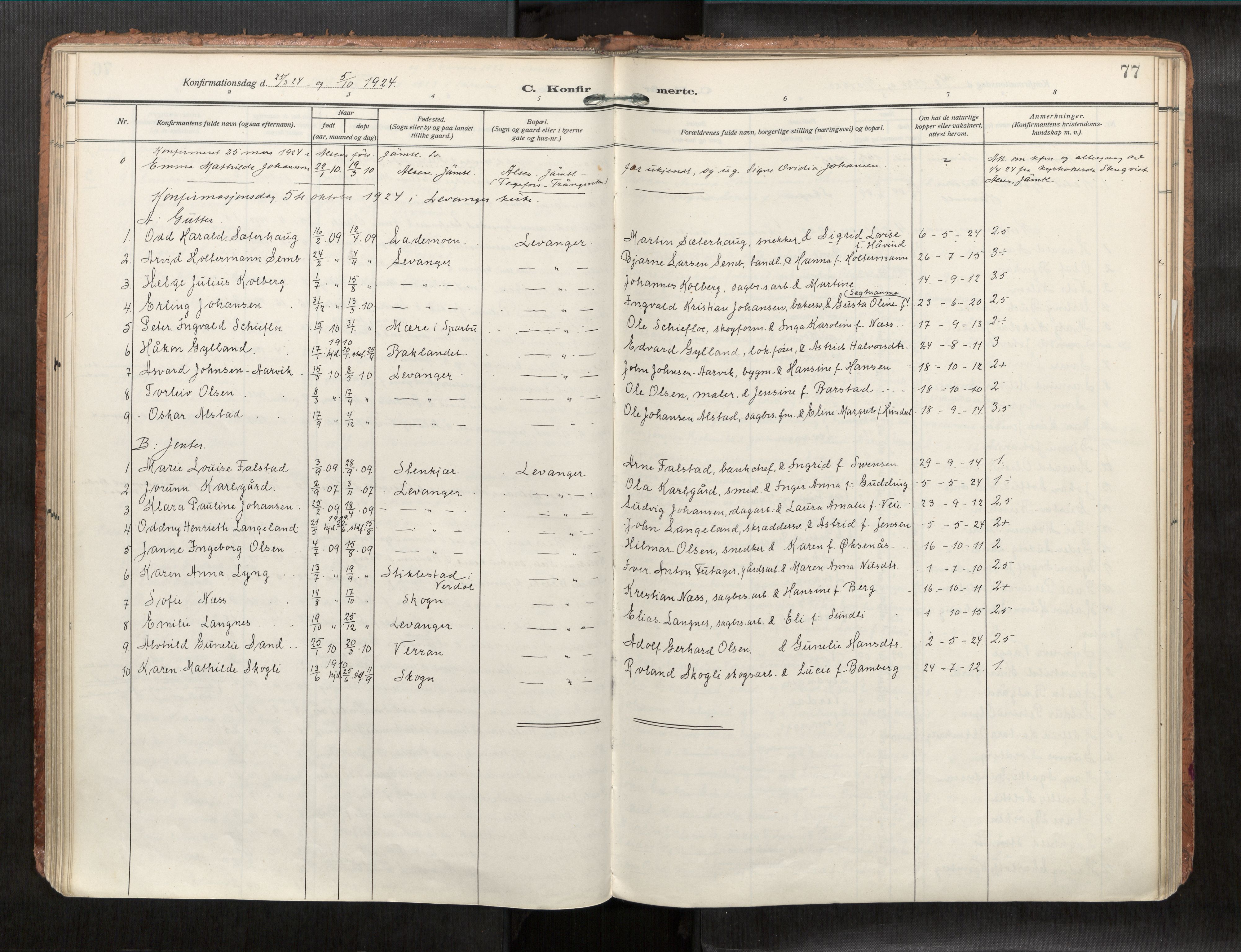 Levanger sokneprestkontor, SAT/A-1301/2/H/Haa/L0001: Parish register (official) no. 1, 1912-1932, p. 77