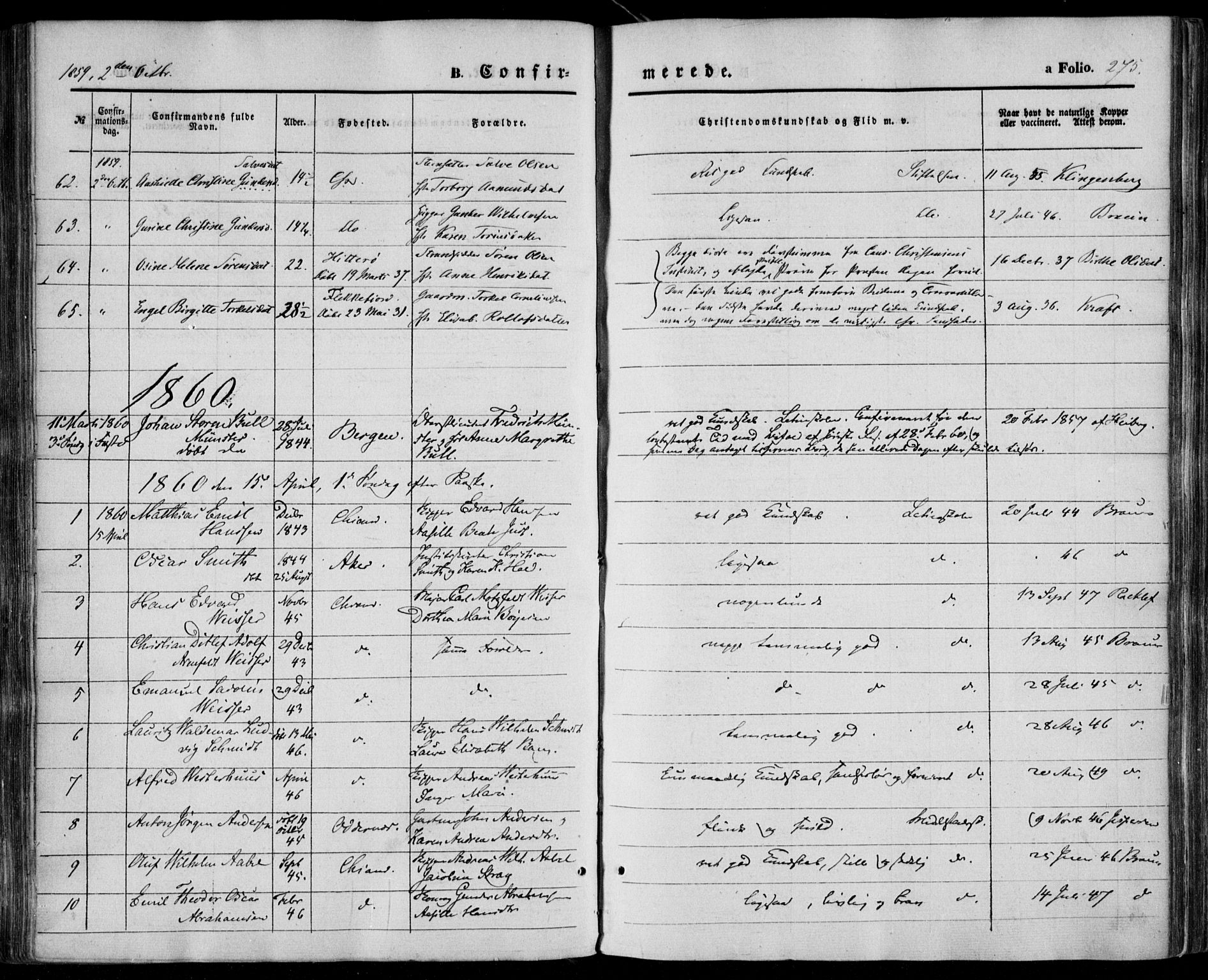 Kristiansand domprosti, SAK/1112-0006/F/Fa/L0014: Parish register (official) no. A 14, 1852-1867, p. 275