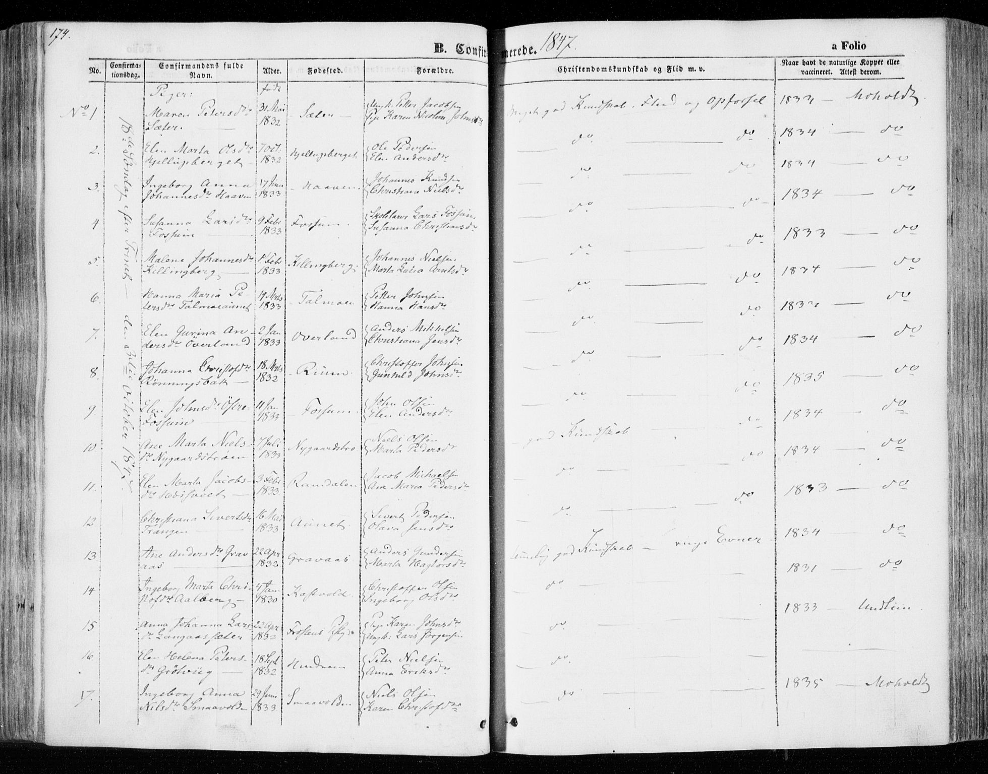Ministerialprotokoller, klokkerbøker og fødselsregistre - Nord-Trøndelag, SAT/A-1458/701/L0007: Parish register (official) no. 701A07 /1, 1842-1854, p. 174