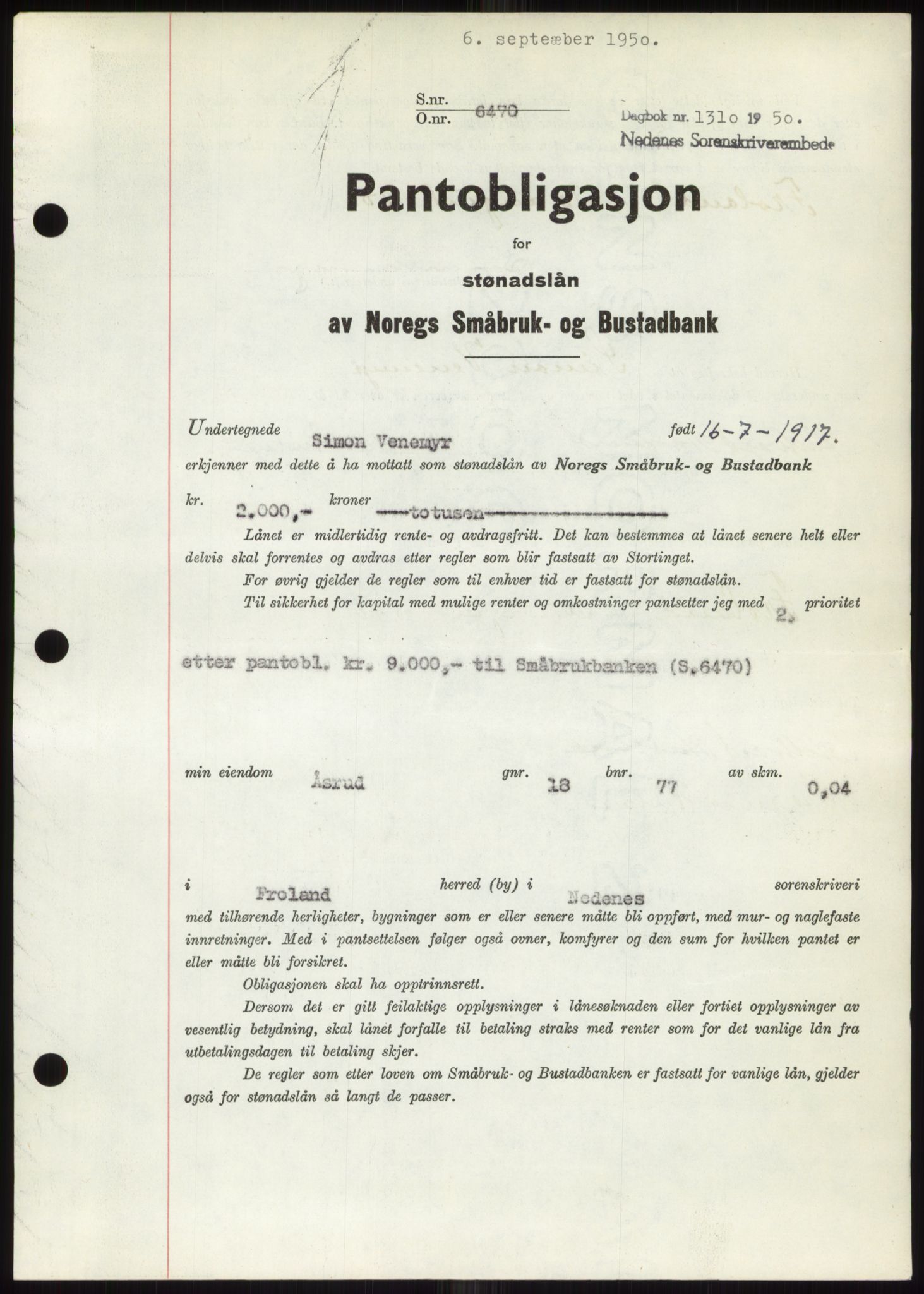 Nedenes sorenskriveri, AV/SAK-1221-0006/G/Gb/Gbb/L0008: Mortgage book no. B8, 1950-1950, Diary no: : 1310/1950