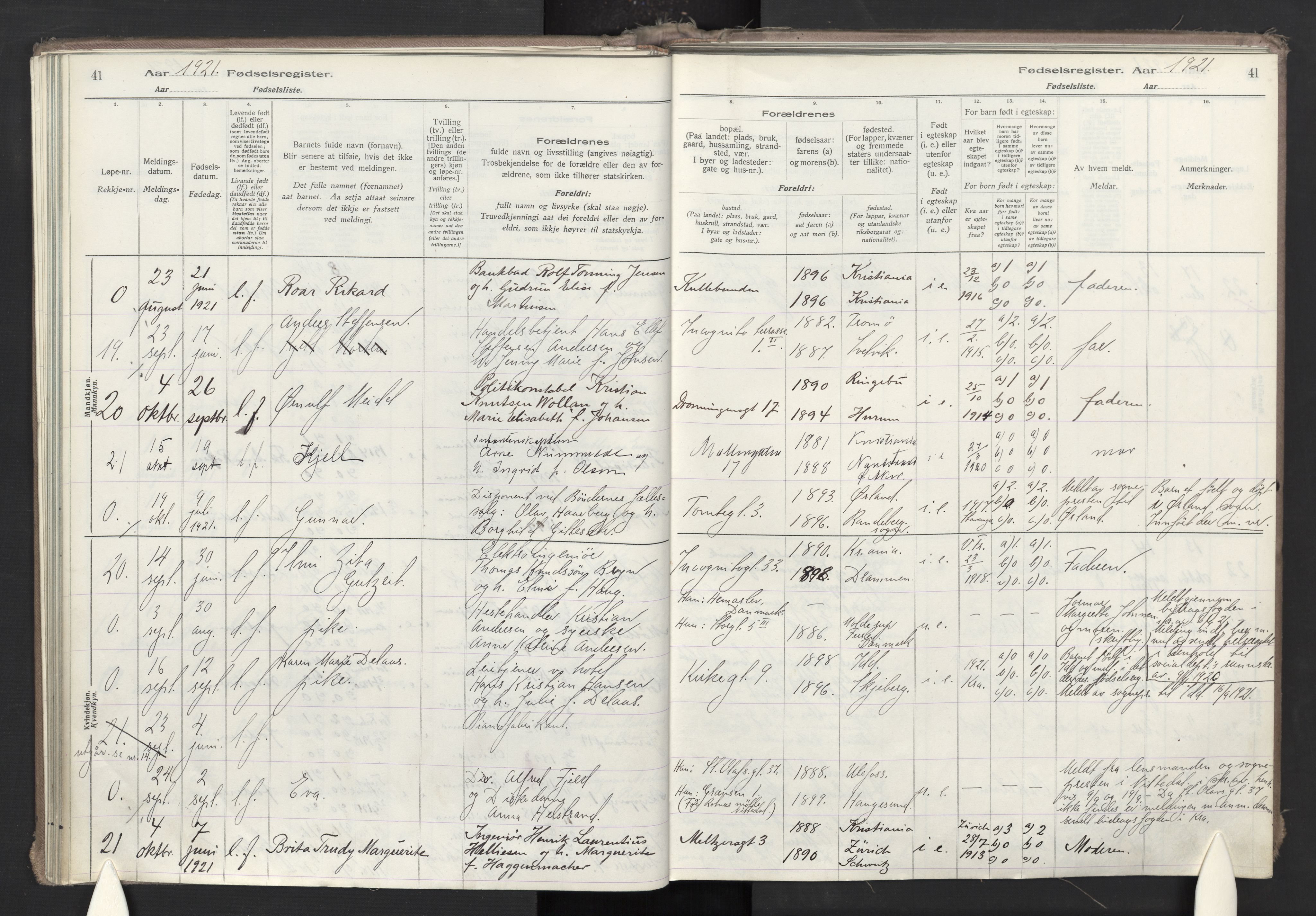 Oslo domkirke Kirkebøker, AV/SAO-A-10752/J/Ja/L0001: Birth register no. 1, 1916-1941, p. 41