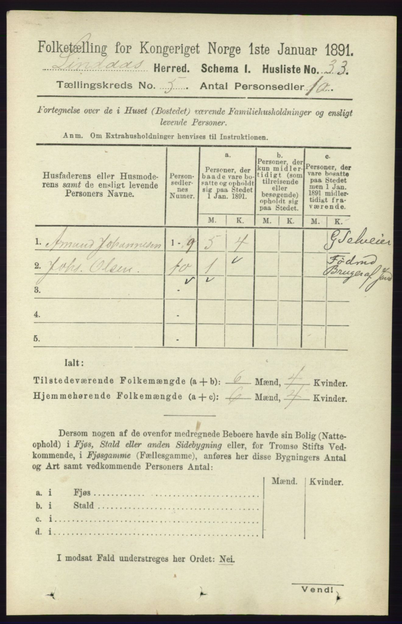 RA, 1891 census for 1263 Lindås, 1891, p. 1429