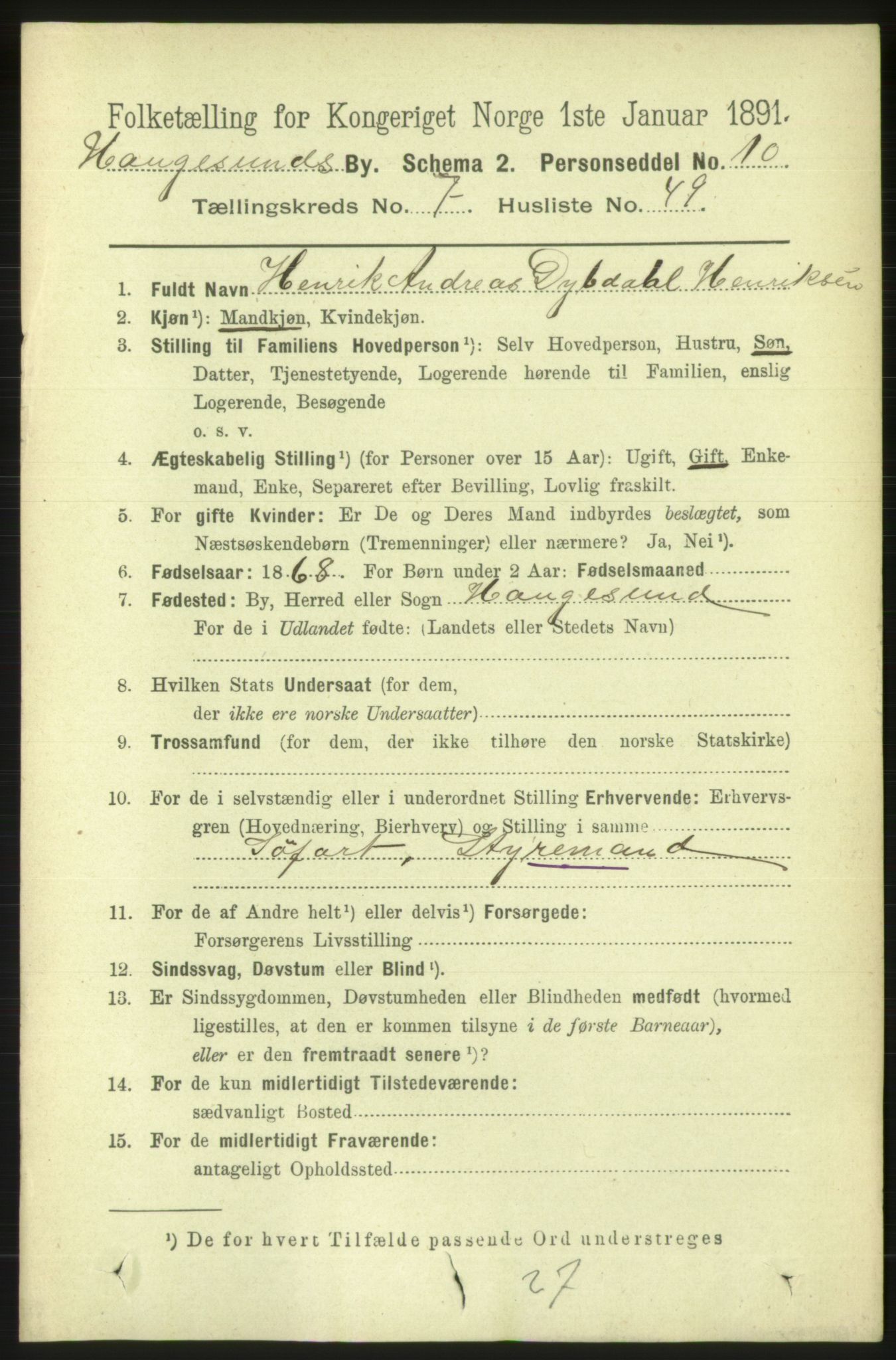 RA, 1891 census for 1106 Haugesund, 1891, p. 3683