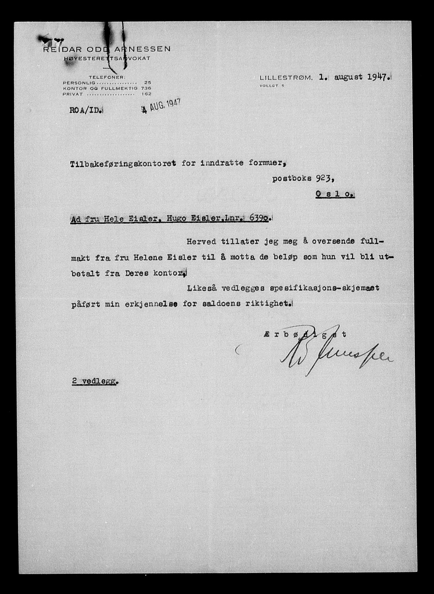 Justisdepartementet, Tilbakeføringskontoret for inndratte formuer, AV/RA-S-1564/H/Hc/Hcc/L0933: --, 1945-1947, p. 8