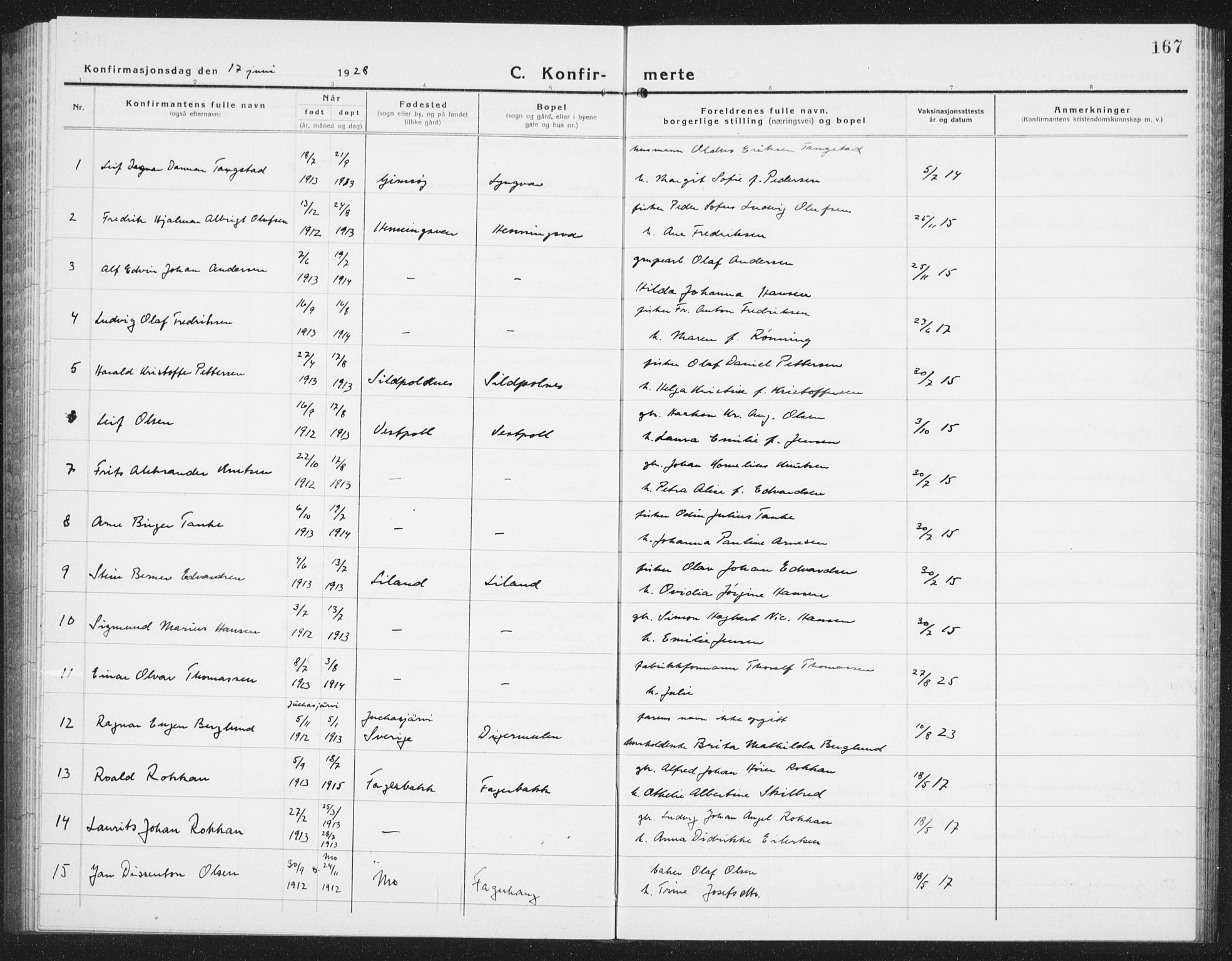 Ministerialprotokoller, klokkerbøker og fødselsregistre - Nordland, AV/SAT-A-1459/874/L1081: Parish register (copy) no. 874C10, 1925-1941, p. 167