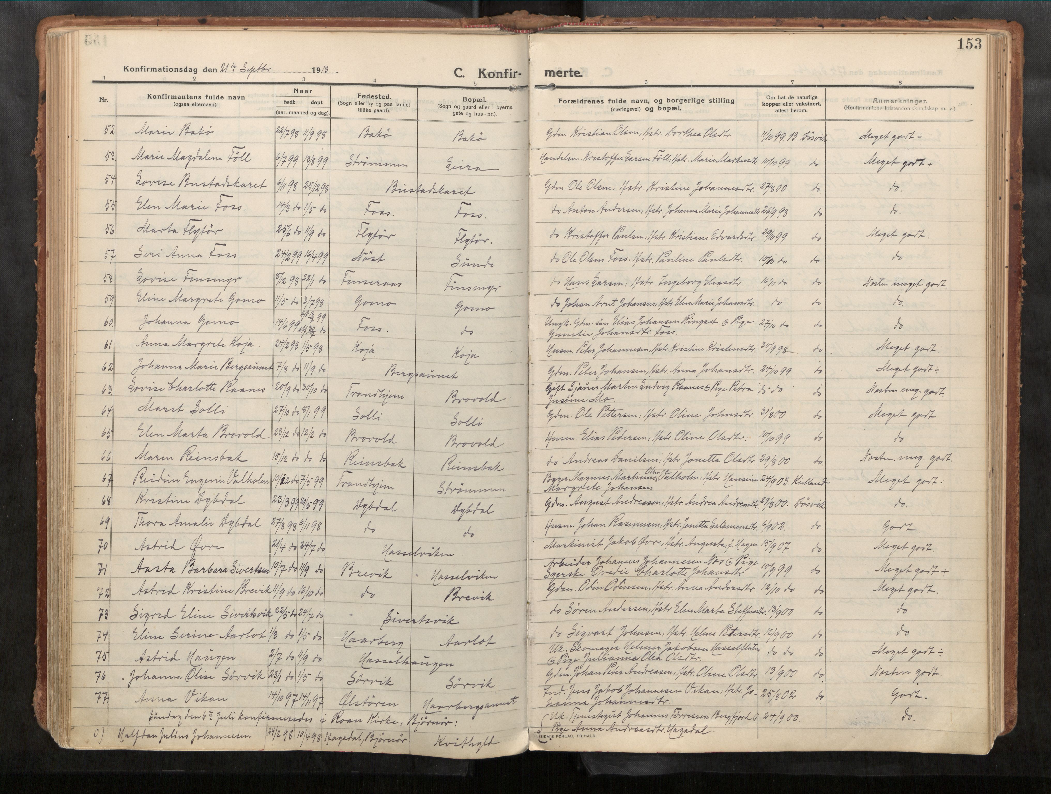 Stadsbygd sokneprestkontor, SAT/A-1117/1/I/I1/I1a/L0001: Parish register (official) no. 1, 1911-1929, p. 153