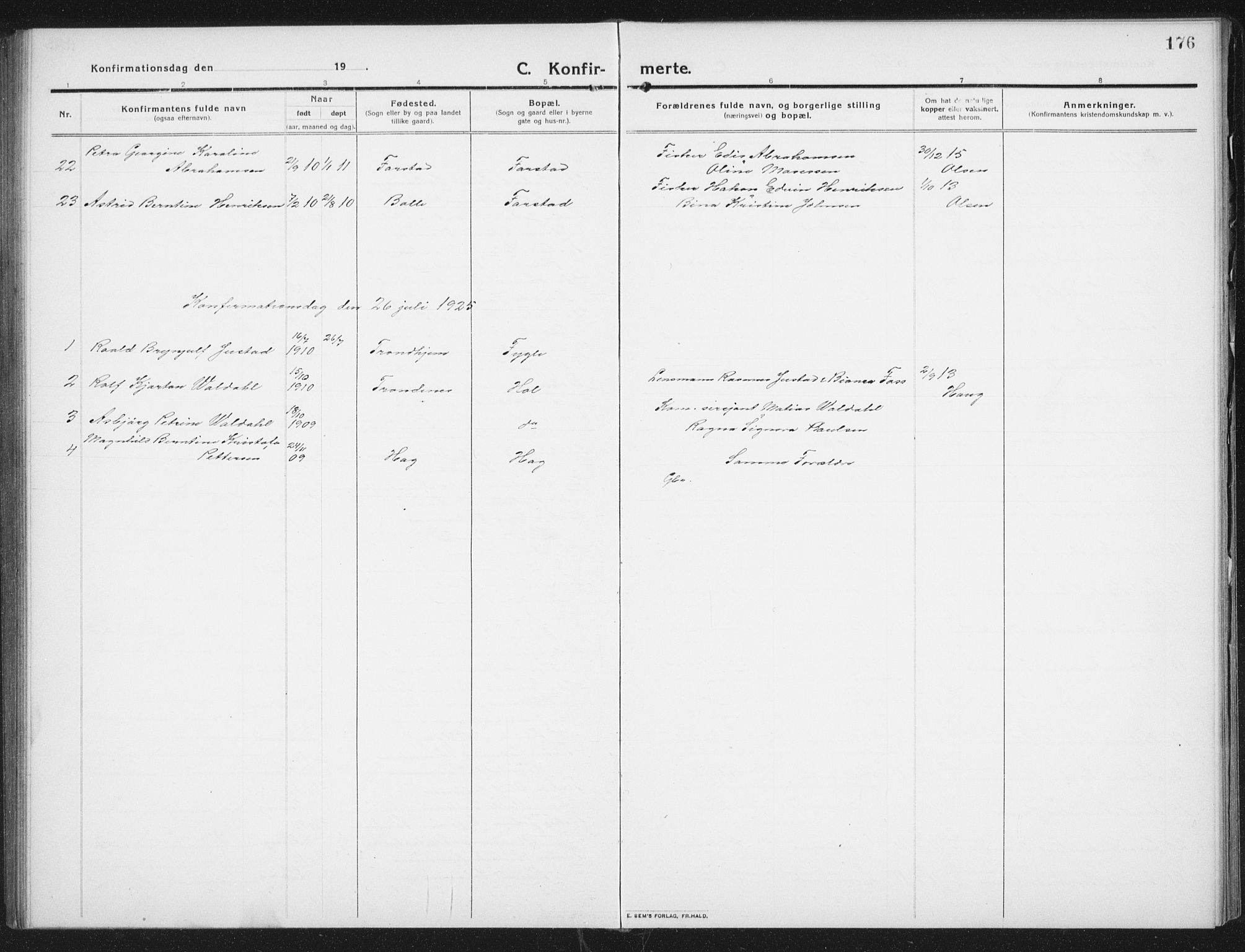 Ministerialprotokoller, klokkerbøker og fødselsregistre - Nordland, AV/SAT-A-1459/882/L1183: Parish register (copy) no. 882C01, 1911-1938, p. 176