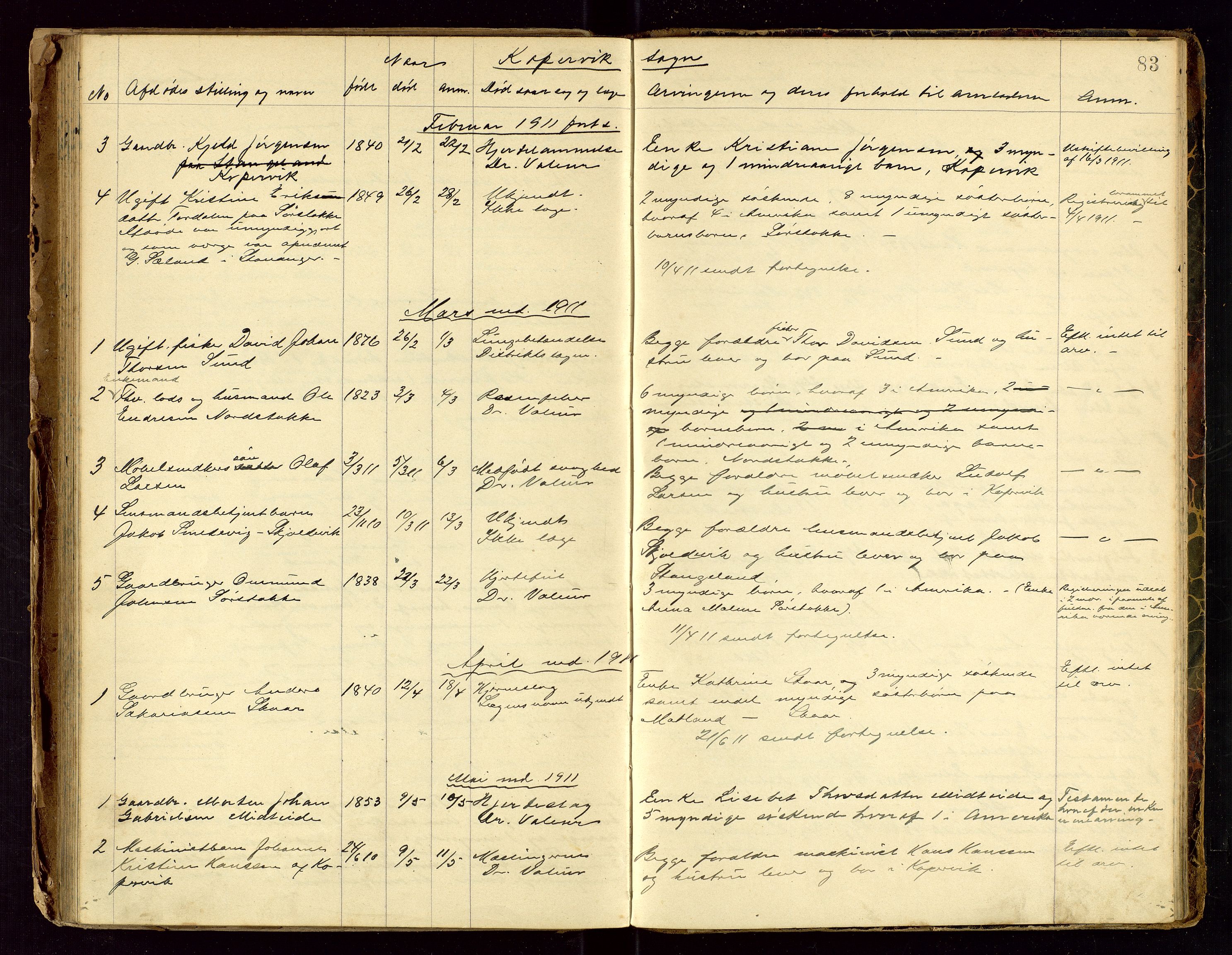 Avaldsnes lensmannskontor, SAST/A-100286/Gga/L0001: "Dødslistene Avaldsnæs Prtgd  2 - 87  Kopervig Sogn  38 - 120", 1897-1916, p. 83