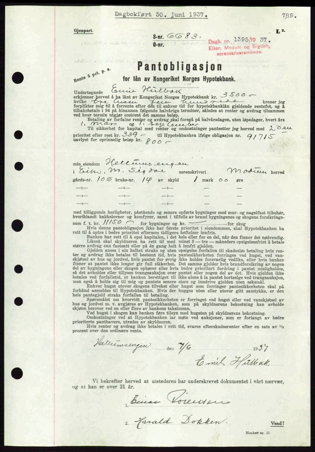 Eiker, Modum og Sigdal sorenskriveri, SAKO/A-123/G/Ga/Gab/L0035: Mortgage book no. A5, 1937-1937, Diary no: : 1395/1937