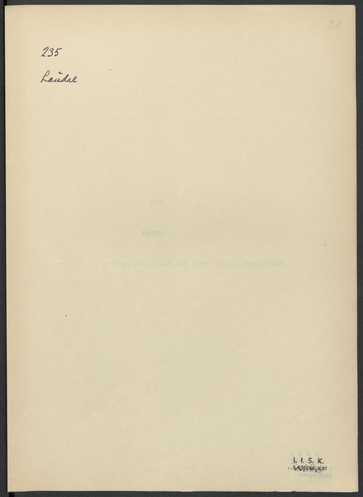 Instituttet for sammenlignende kulturforskning, RA/PA-0424/F/Fc/L0008/0003: Eske B8: / Vest-Agder (perm XXI), 1932-1935, p. 21