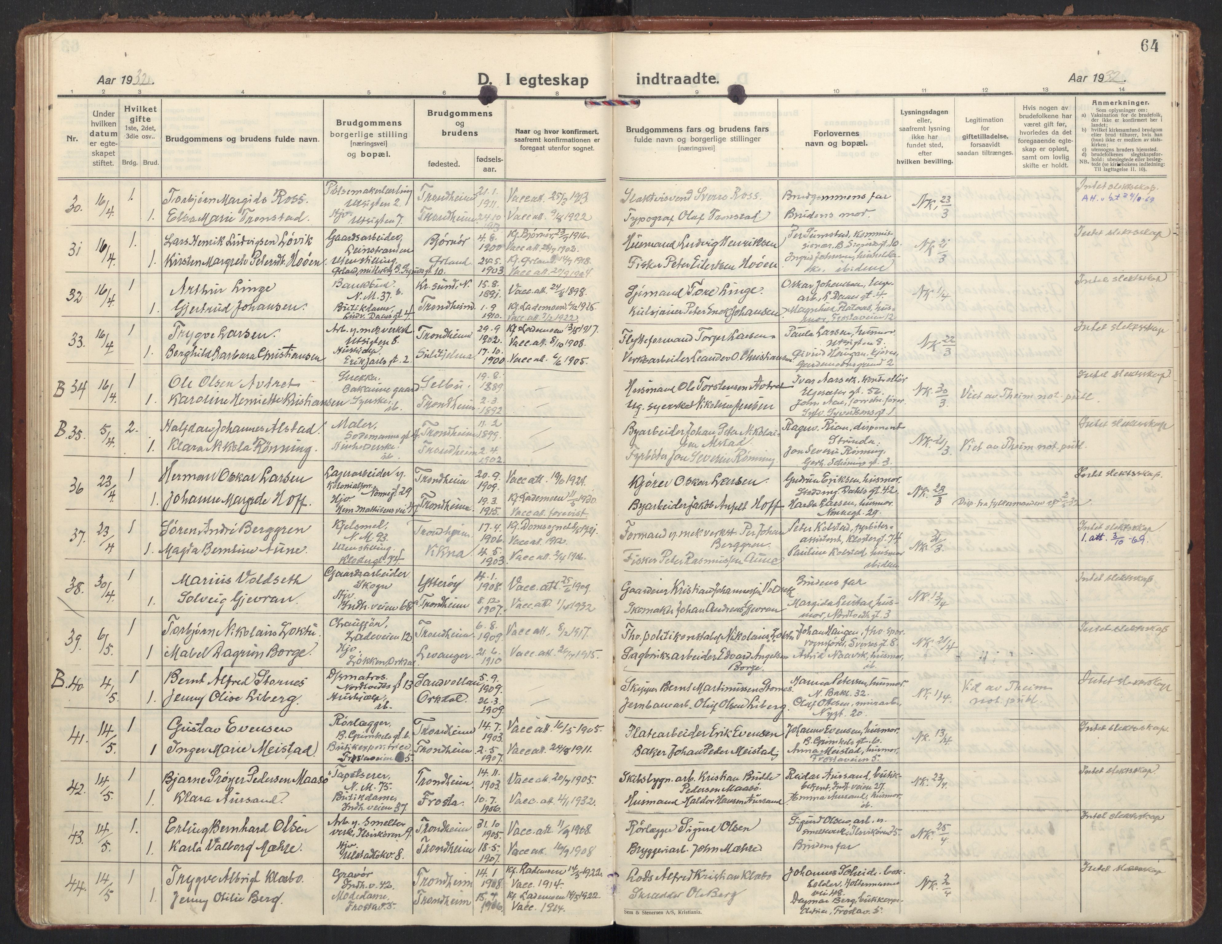 Ministerialprotokoller, klokkerbøker og fødselsregistre - Sør-Trøndelag, SAT/A-1456/605/L0249: Parish register (official) no. 605A11, 1925-1936, p. 64