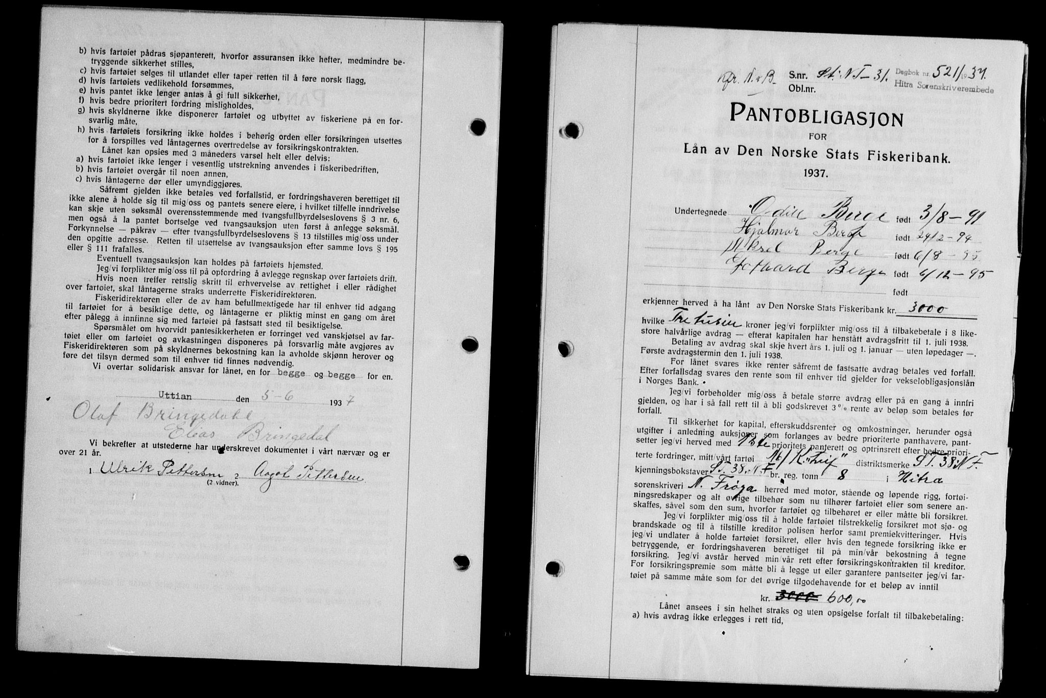 Hitra sorenskriveri, AV/SAT-A-0018/2/2C/2Ca/L0028: Mortgage book no. B-1, 1936-1939, Diary no: : 521/1937