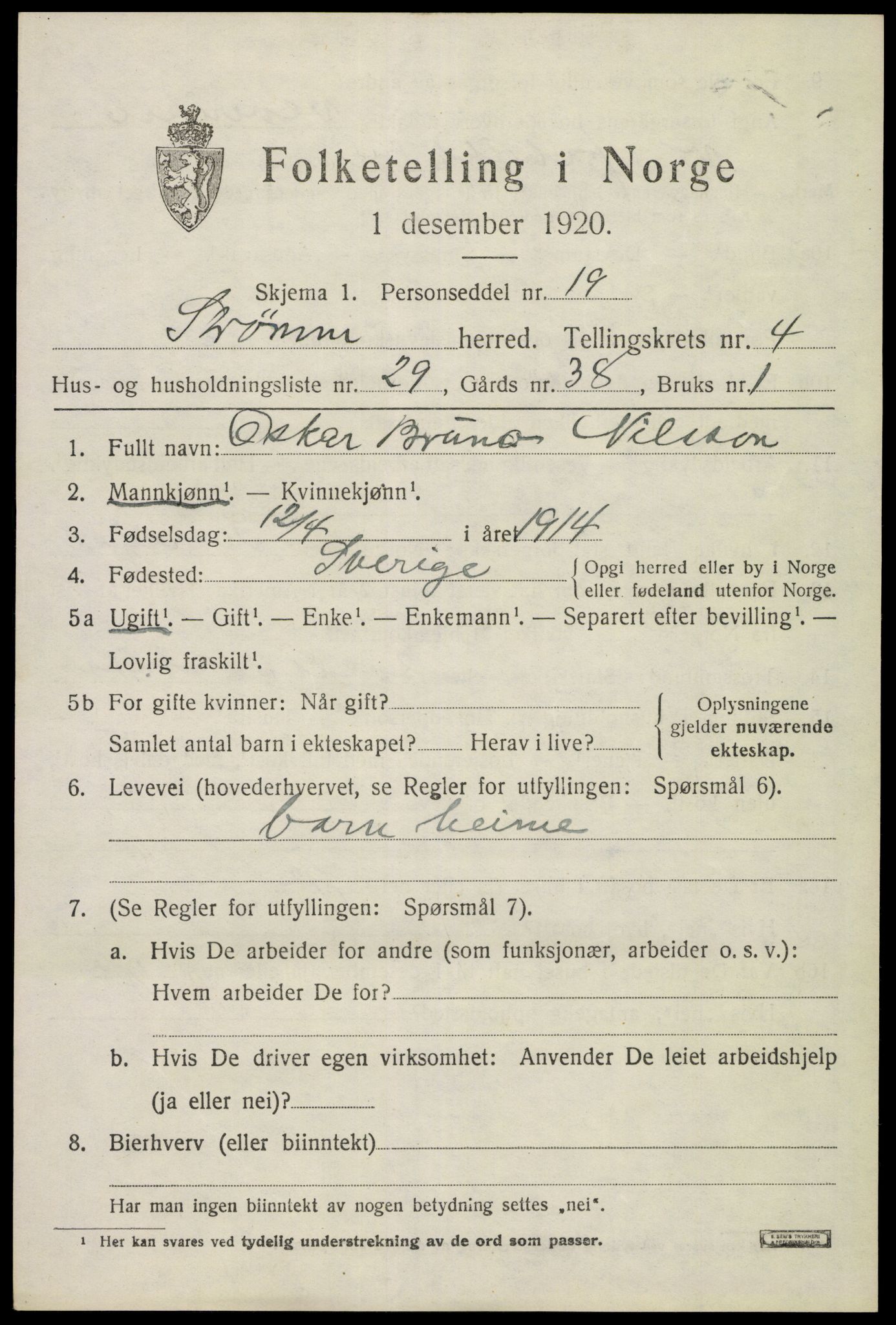 SAKO, 1920 census for Strømm, 1920, p. 3463