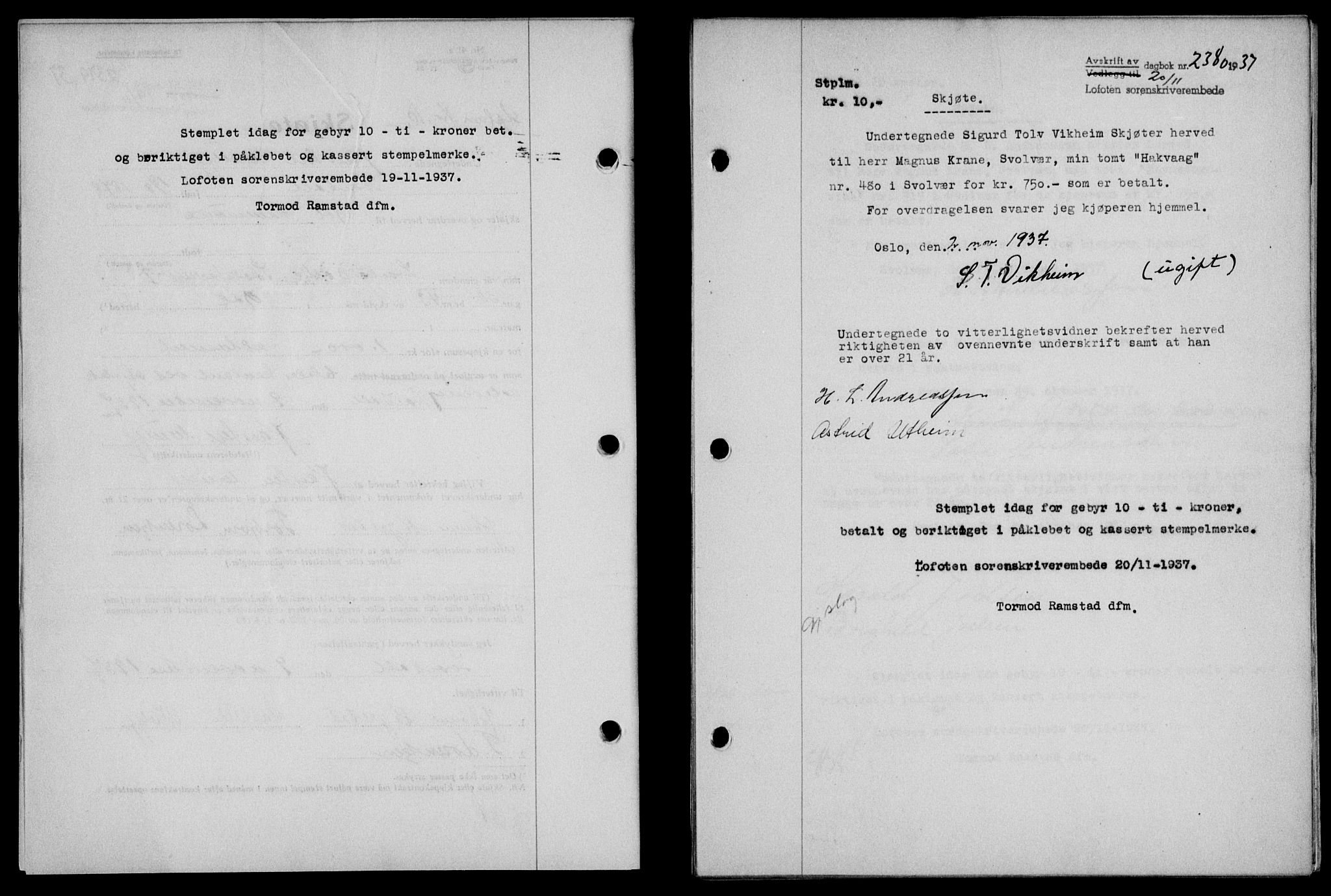 Lofoten sorenskriveri, SAT/A-0017/1/2/2C/L0003a: Mortgage book no. 3a, 1937-1938, Diary no: : 2380/1937