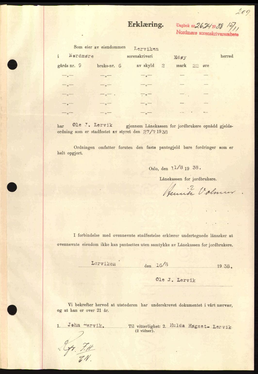 Nordmøre sorenskriveri, SAT/A-4132/1/2/2Ca: Mortgage book no. B84, 1938-1939, Diary no: : 2624/1938