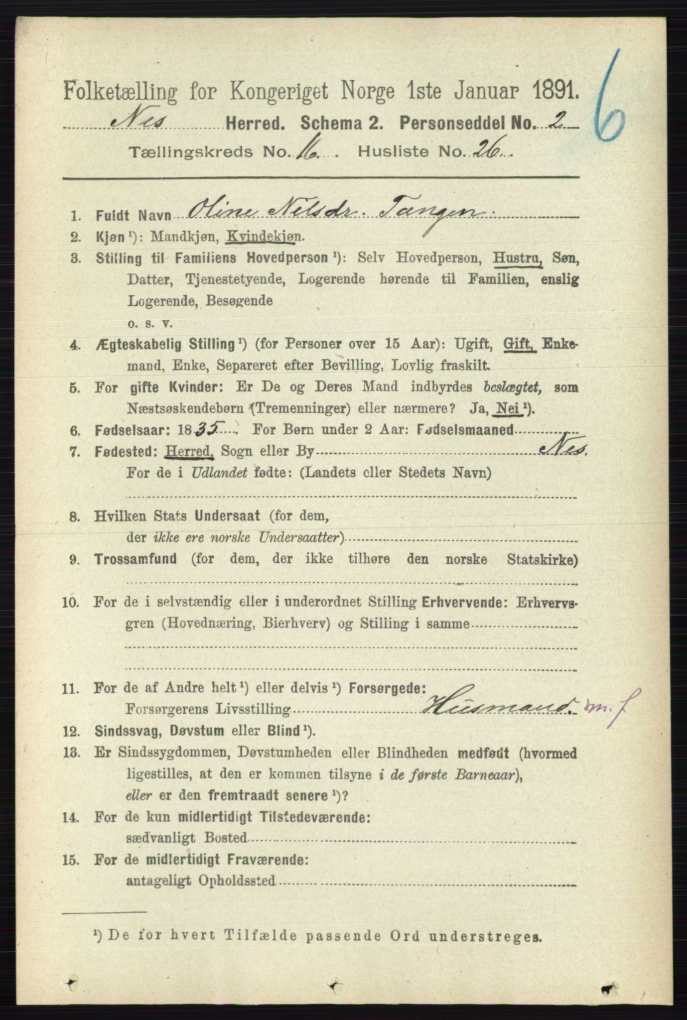 RA, 1891 census for 0236 Nes, 1891, p. 9705