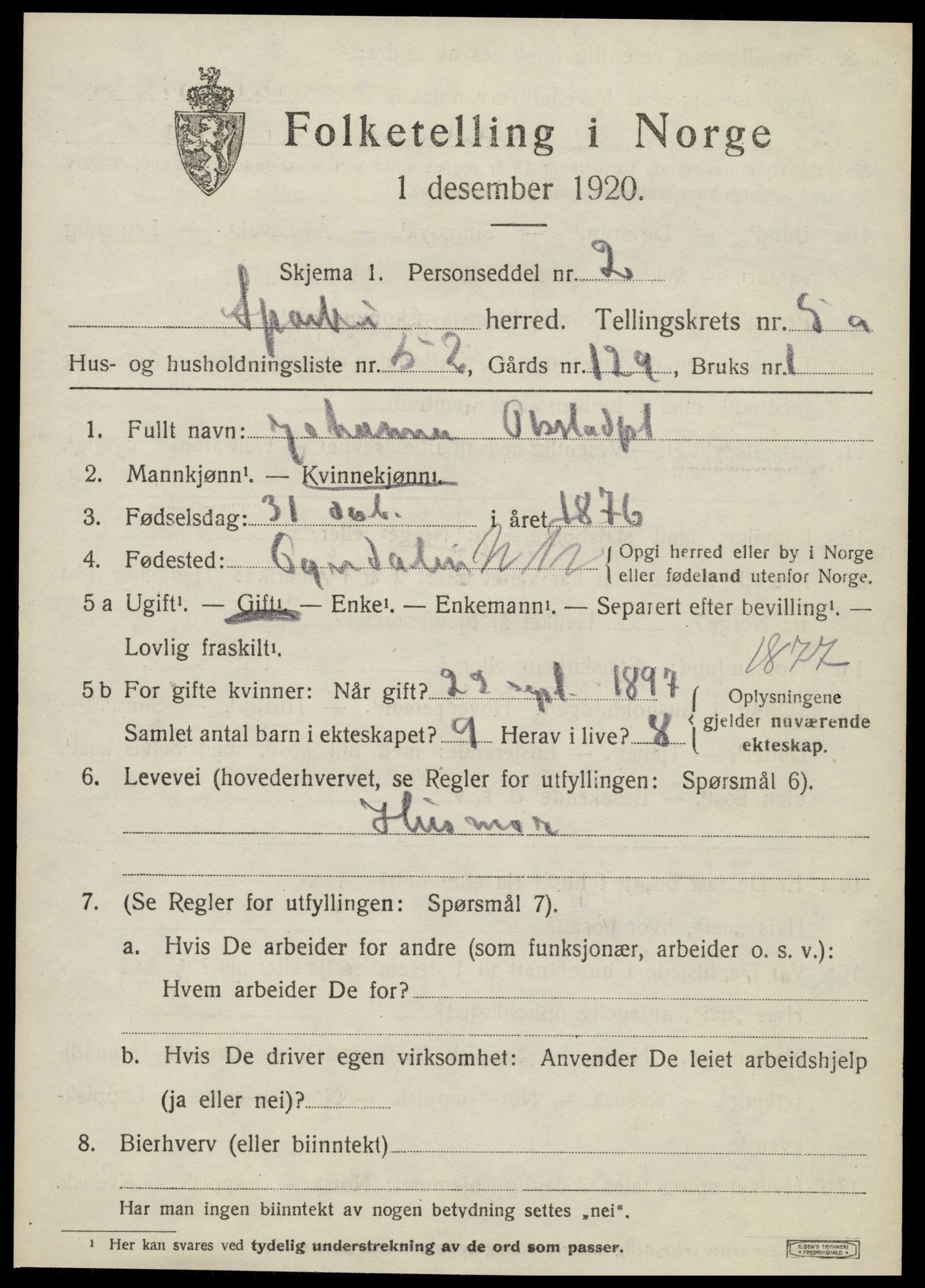 SAT, 1920 census for Sparbu, 1920, p. 6785
