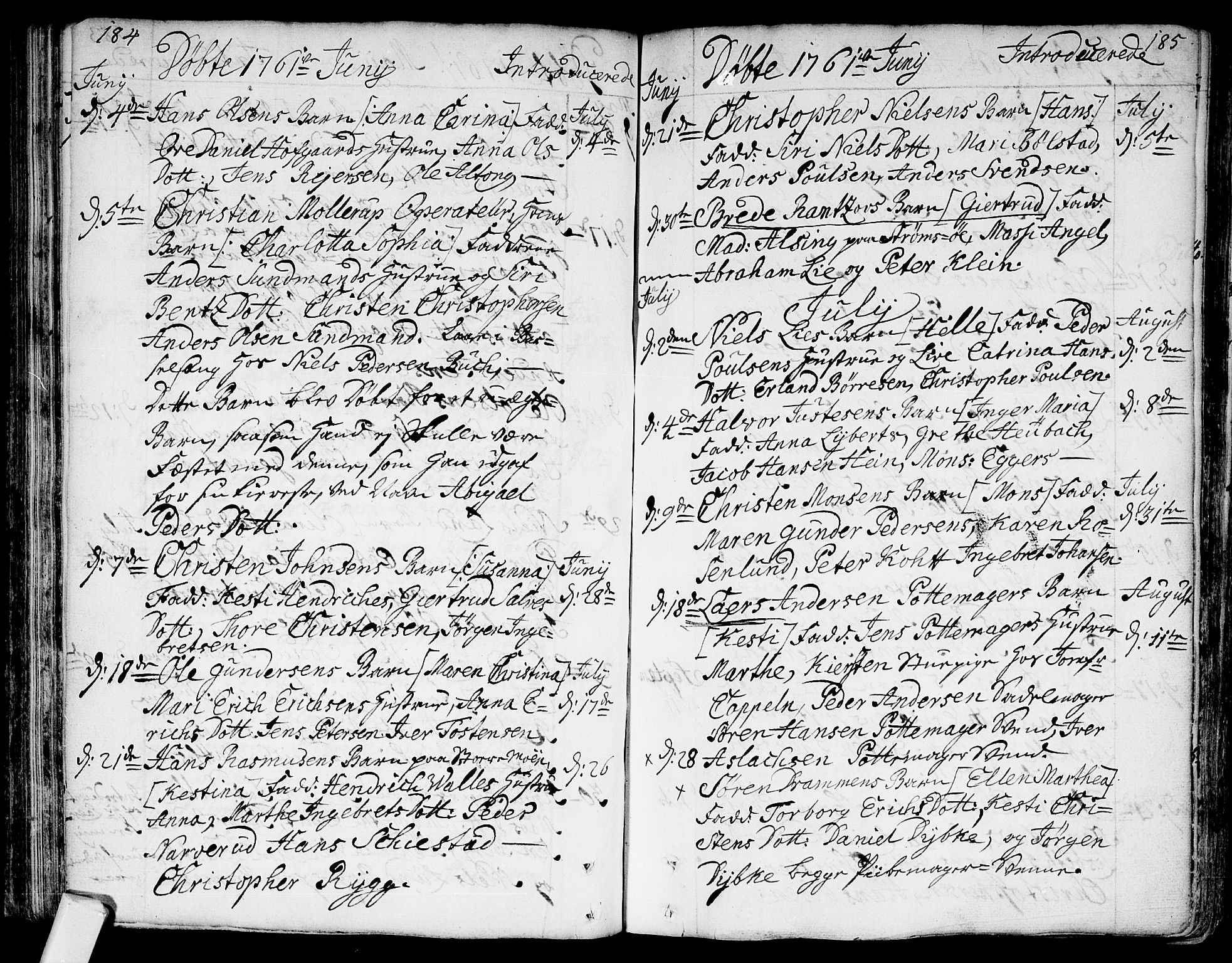 Bragernes kirkebøker, AV/SAKO-A-6/F/Fa/L0005: Parish register (official) no. I 5, 1759-1781, p. 184-185