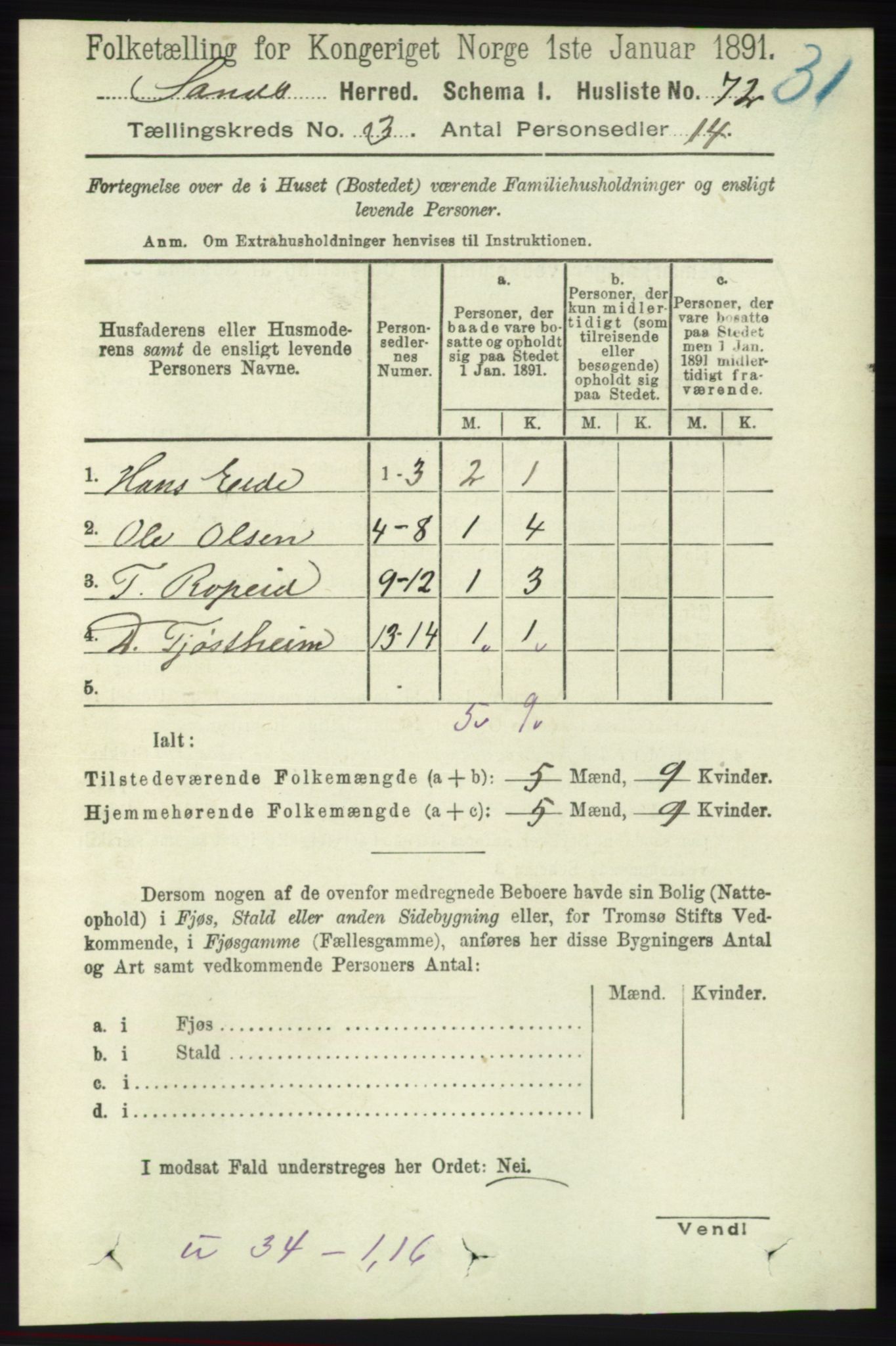 RA, 1891 census for 1136 Sand, 1891, p. 649