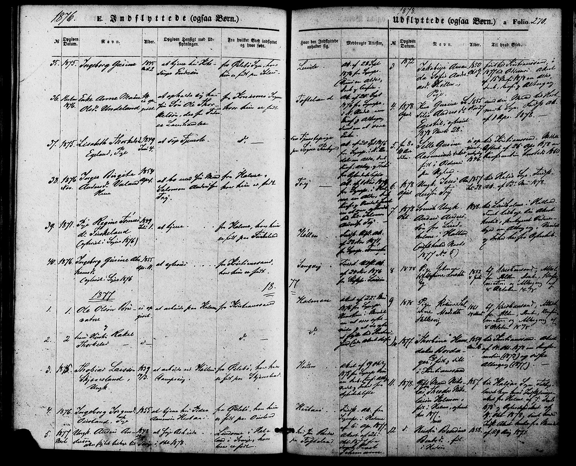 Søgne sokneprestkontor, SAK/1111-0037/F/Fa/Fab/L0011: Parish register (official) no. A 11, 1869-1879, p. 270