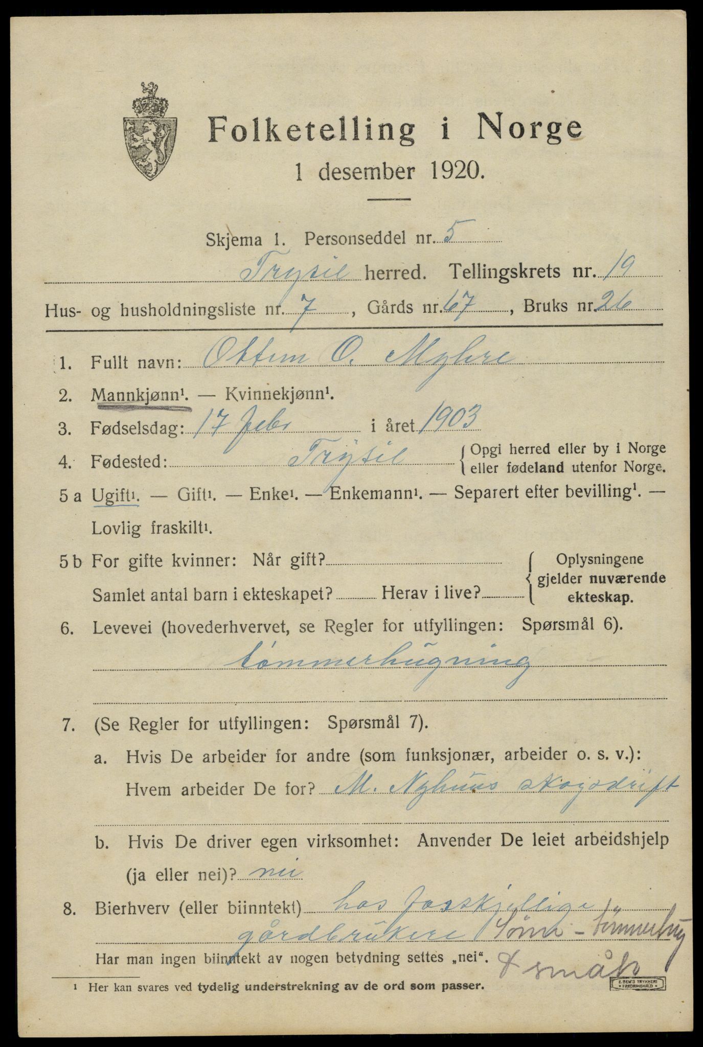 SAH, 1920 census for Trysil, 1920, p. 12801
