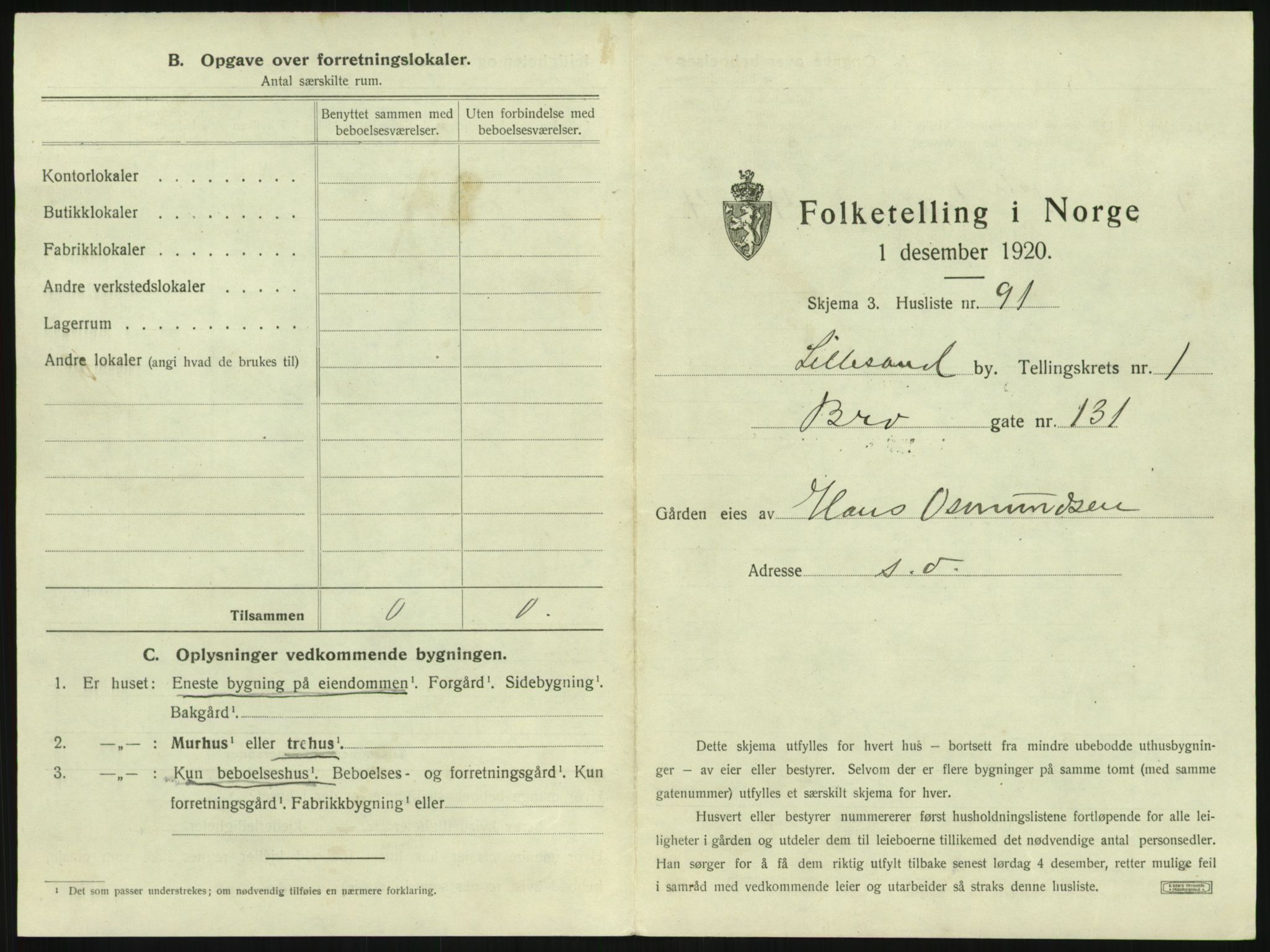 SAK, 1920 census for Lillesand, 1920, p. 211