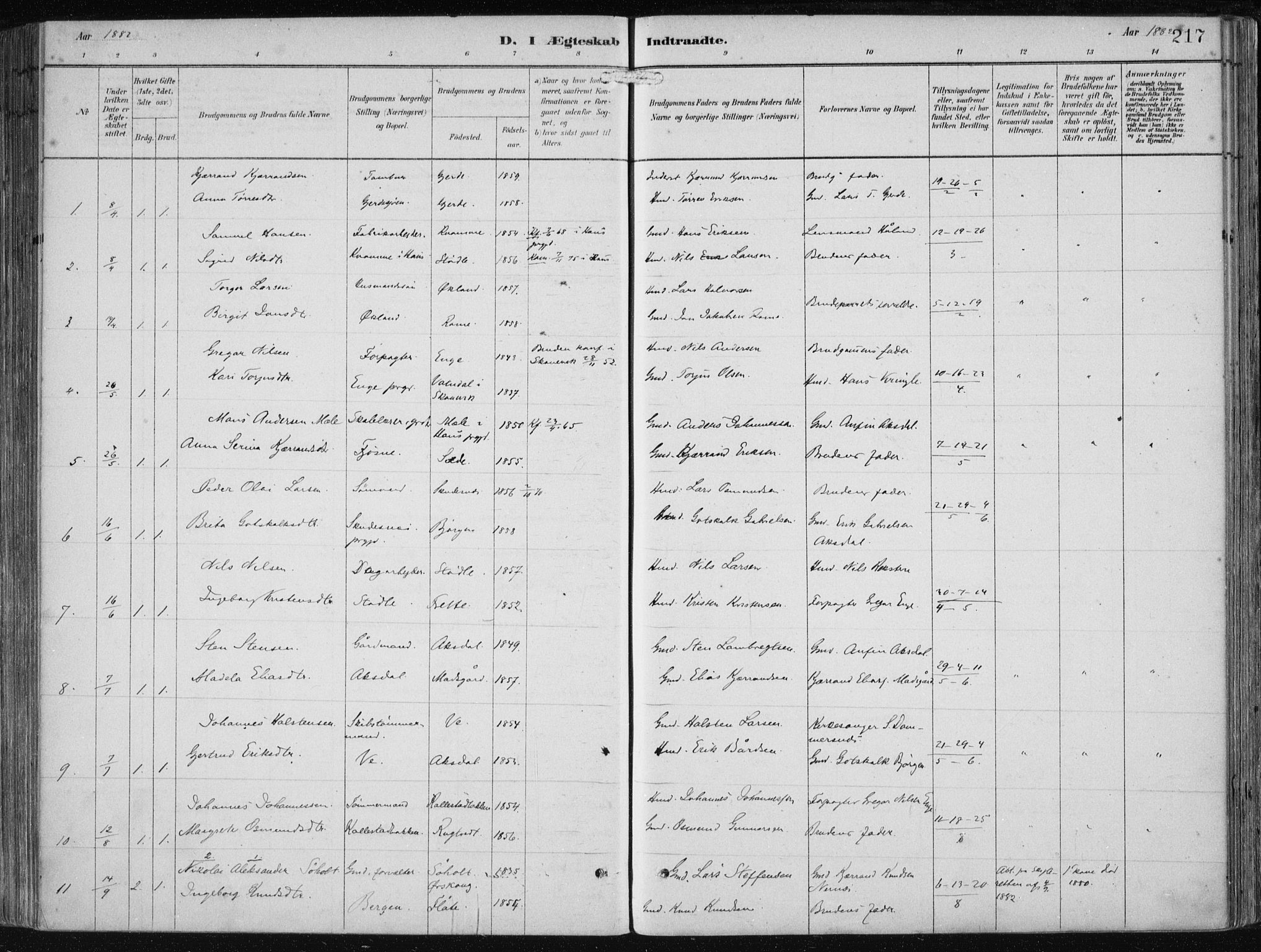 Etne sokneprestembete, SAB/A-75001/H/Haa: Parish register (official) no. B  1, 1879-1919, p. 217