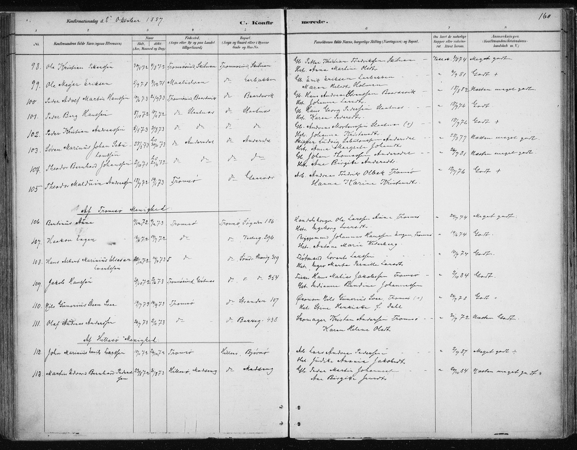 Tromsøysund sokneprestkontor, AV/SATØ-S-1304/G/Ga/L0004kirke: Parish register (official) no. 4, 1880-1888, p. 160