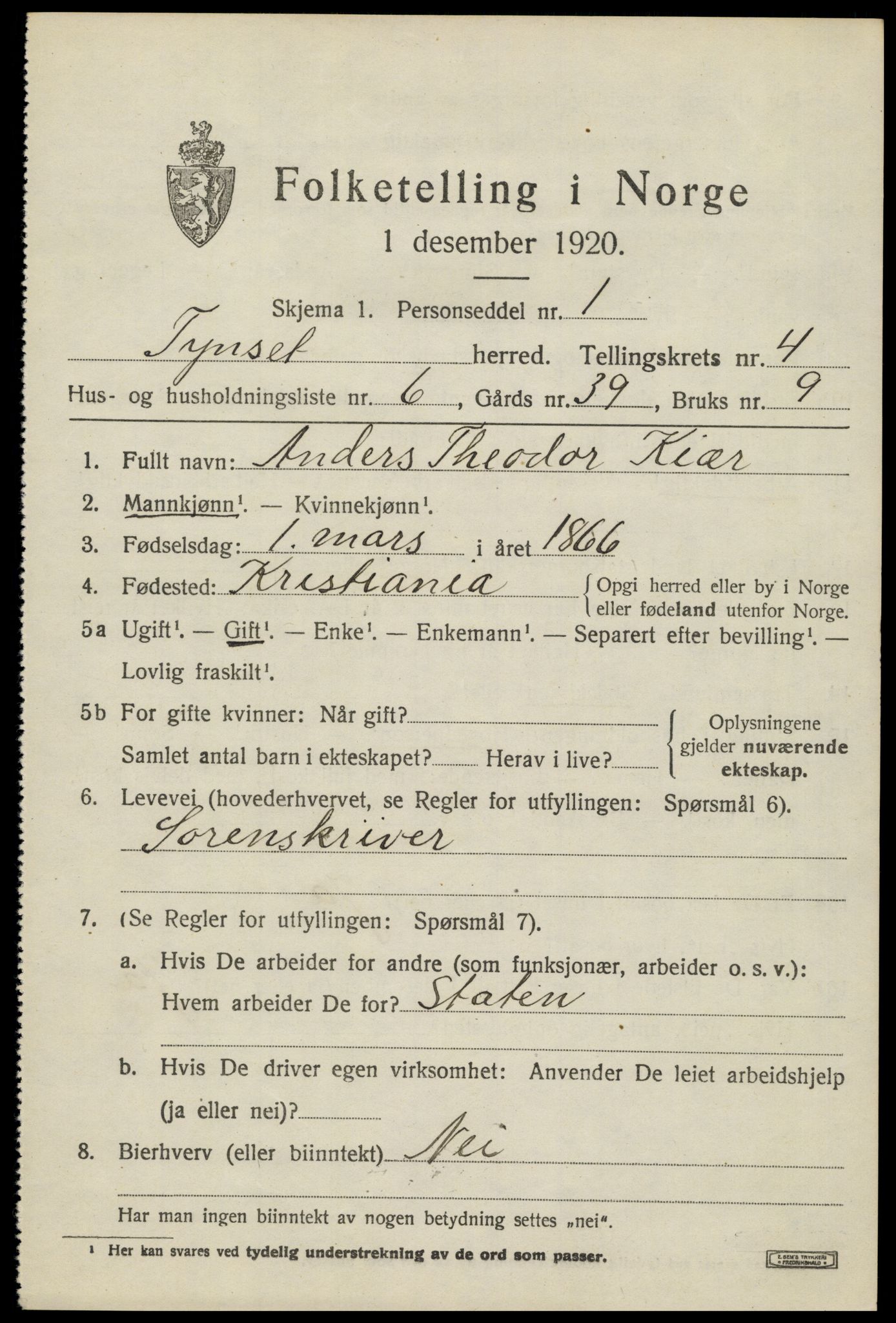 SAH, 1920 census for Tynset, 1920, p. 3234