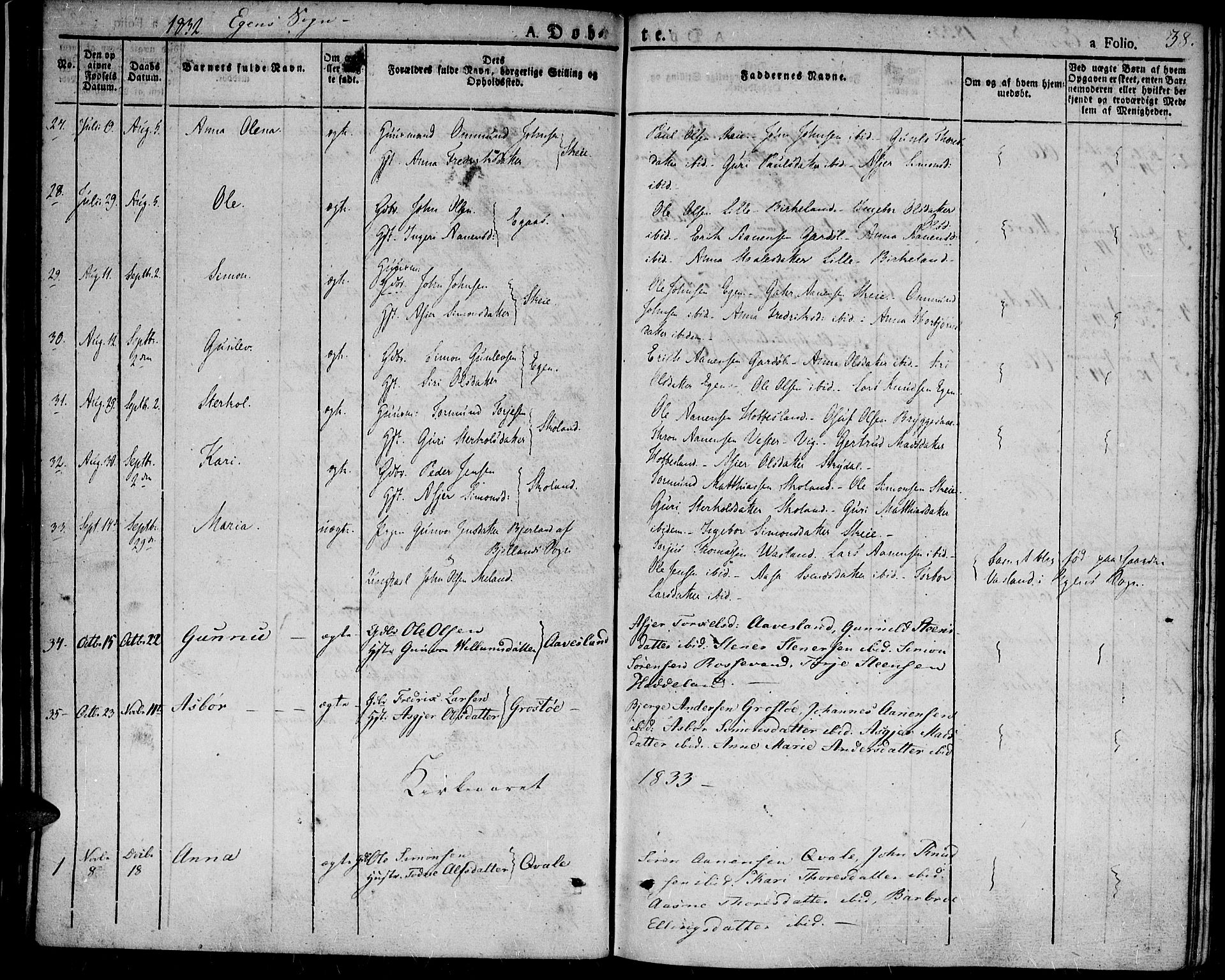 Hægebostad sokneprestkontor, SAK/1111-0024/F/Fa/Fab/L0001: Parish register (official) no. A 1, 1823-1867, p. 38