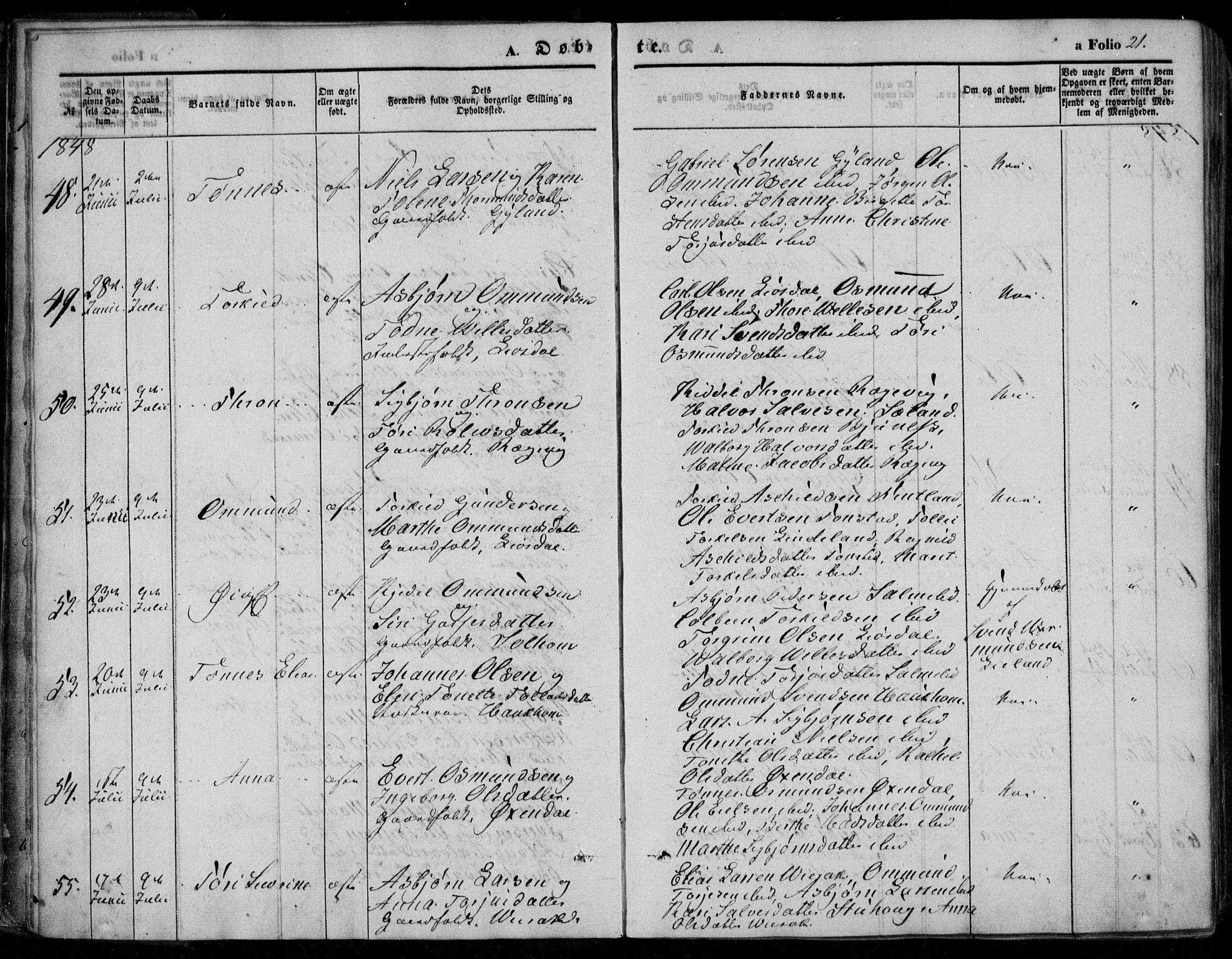 Bakke sokneprestkontor, SAK/1111-0002/F/Fa/Faa/L0005: Parish register (official) no. A 5, 1847-1855, p. 21