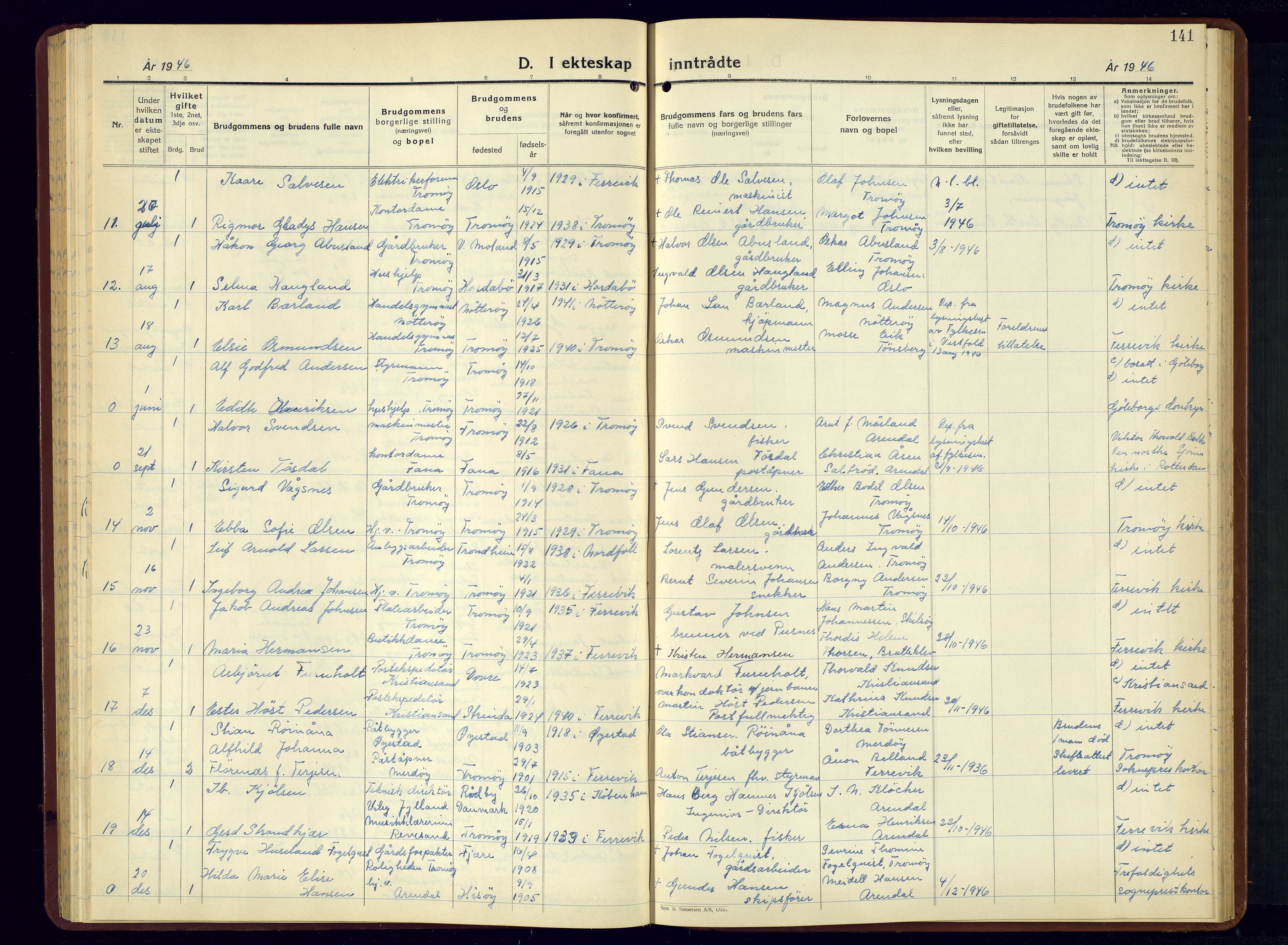 Tromøy sokneprestkontor, AV/SAK-1111-0041/F/Fb/L0009: Parish register (copy) no. B-9, 1938-1952, p. 141