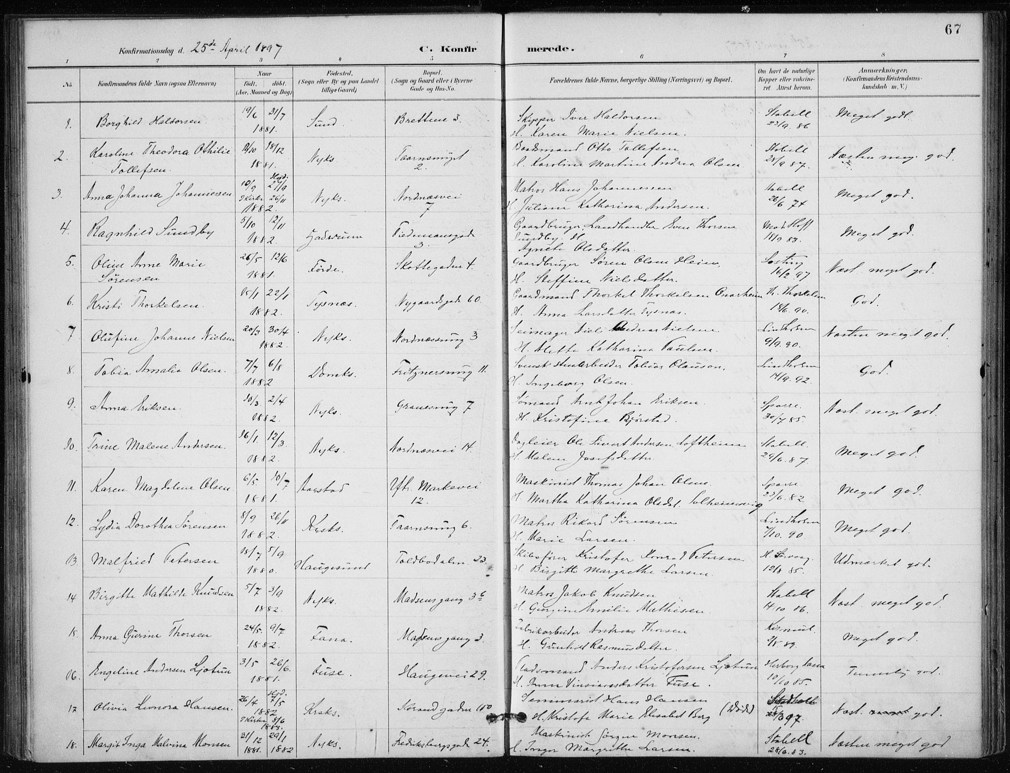 Nykirken Sokneprestembete, SAB/A-77101/H/Haa/L0028: Parish register (official) no. C 7, 1887-1913, p. 67