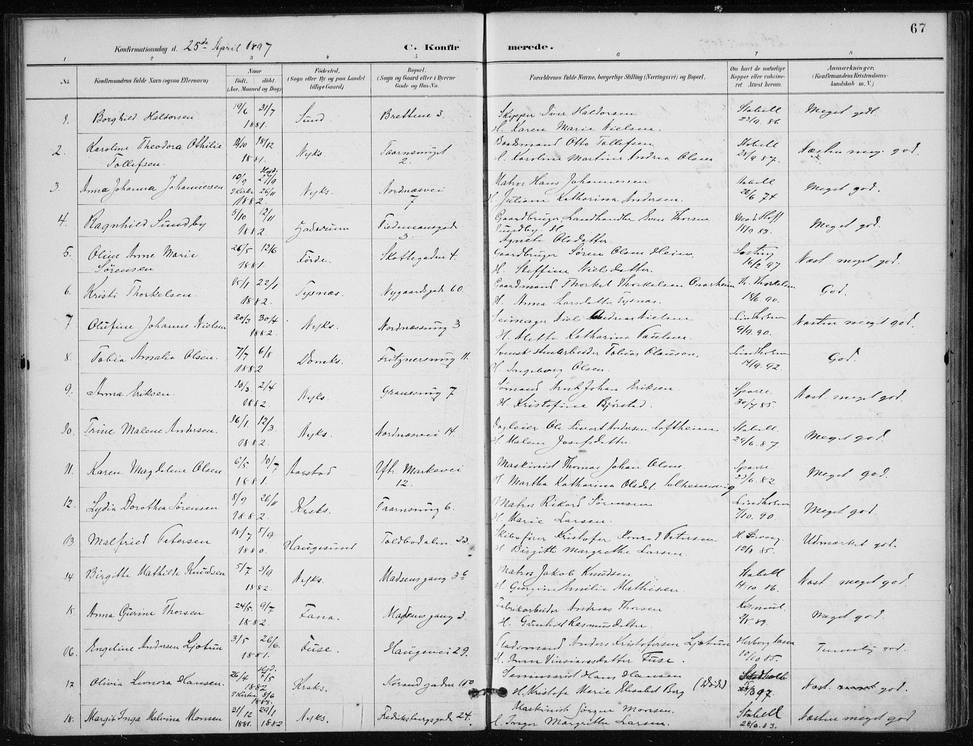 Nykirken Sokneprestembete, AV/SAB-A-77101/H/Haa/L0028: Parish register (official) no. C 7, 1887-1913, p. 67