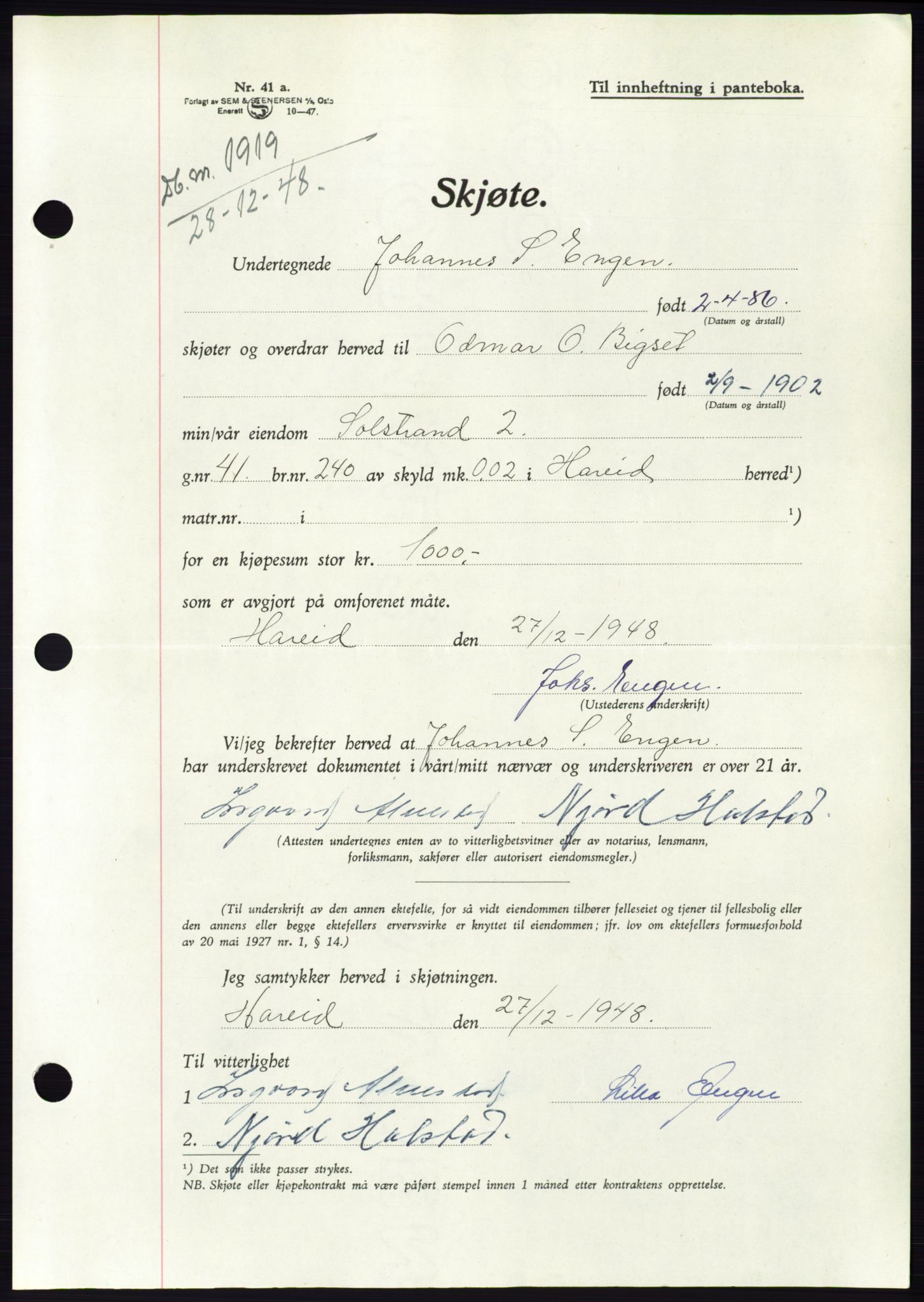 Søre Sunnmøre sorenskriveri, AV/SAT-A-4122/1/2/2C/L0083: Mortgage book no. 9A, 1948-1949, Diary no: : 1919/1948