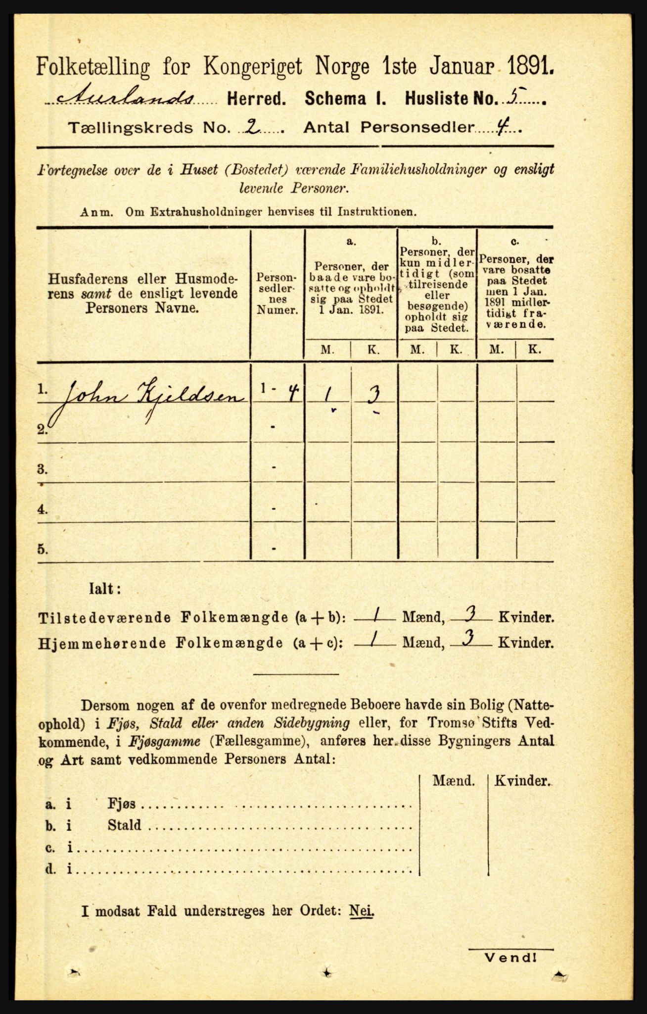 RA, 1891 census for 1421 Aurland, 1891, p. 418