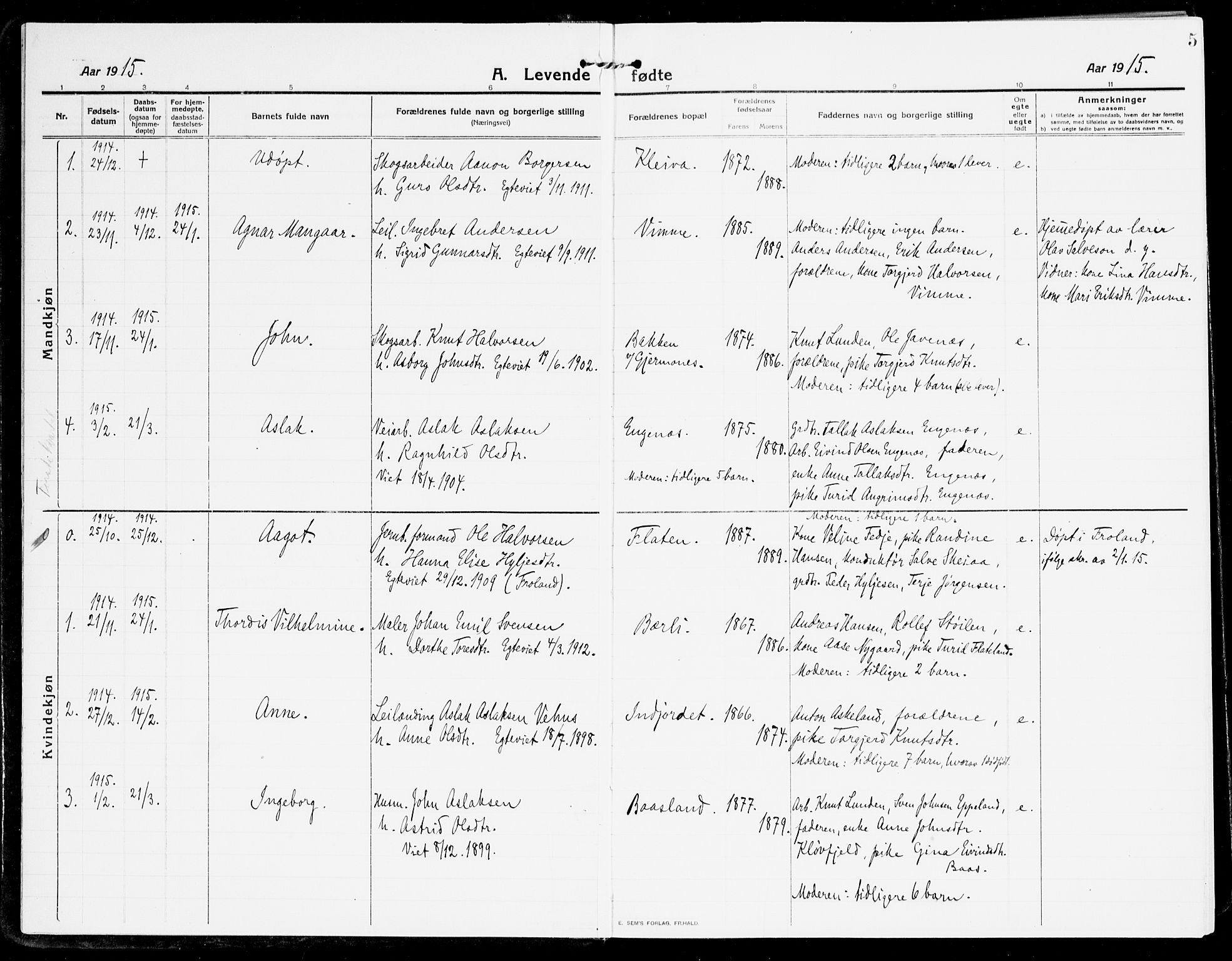 Åmli sokneprestkontor, AV/SAK-1111-0050/F/Fa/Fac/L0013: Parish register (official) no. A 13, 1914-1933, p. 5