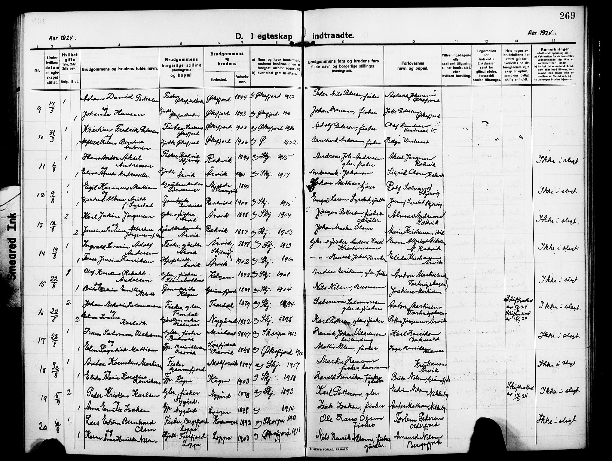 Skjervøy sokneprestkontor, AV/SATØ-S-1300/H/Ha/Hab/L0009klokker: Parish register (copy) no. 9, 1911-1926, p. 269