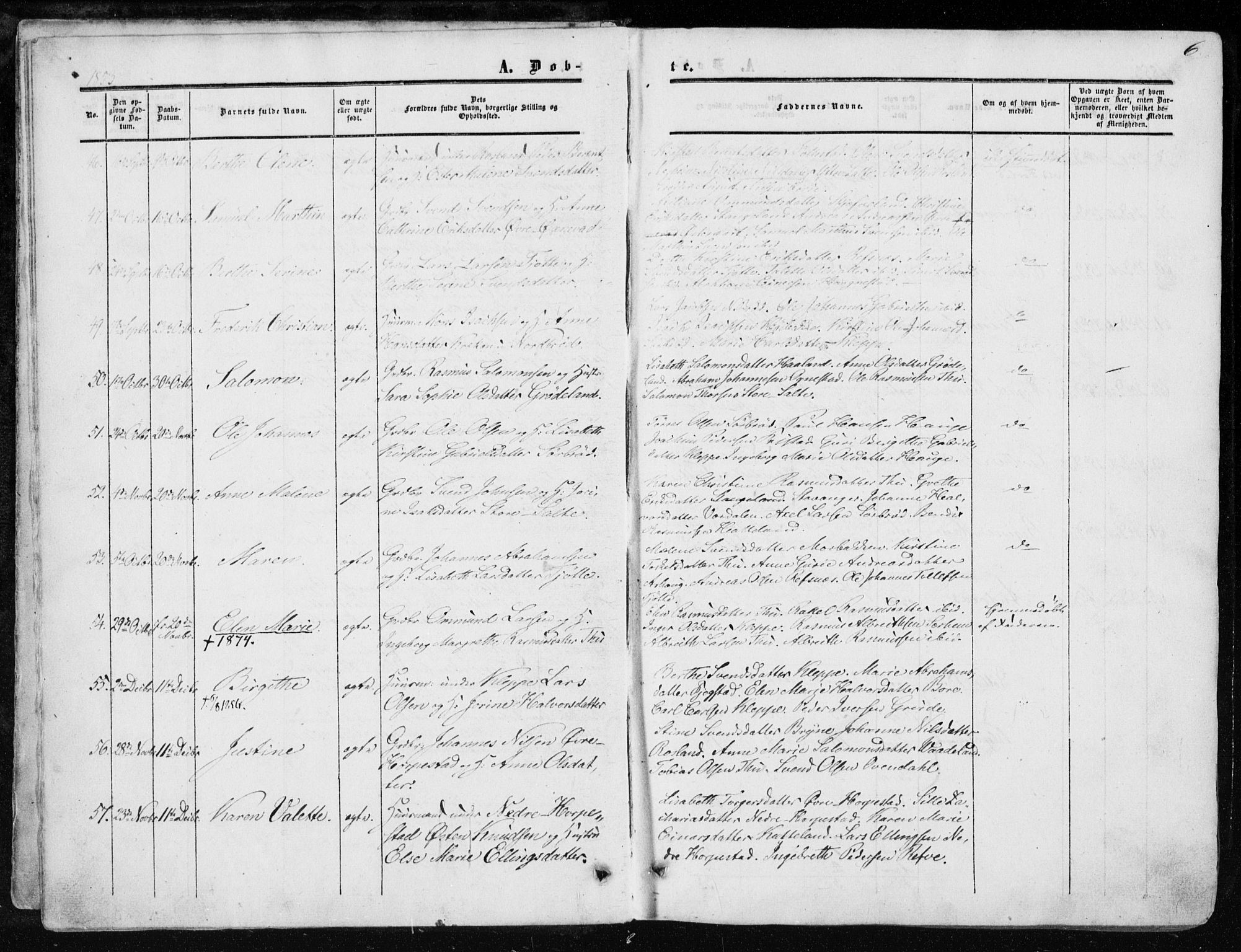 Klepp sokneprestkontor, AV/SAST-A-101803/001/3/30BA/L0005: Parish register (official) no. A 5, 1853-1870, p. 6