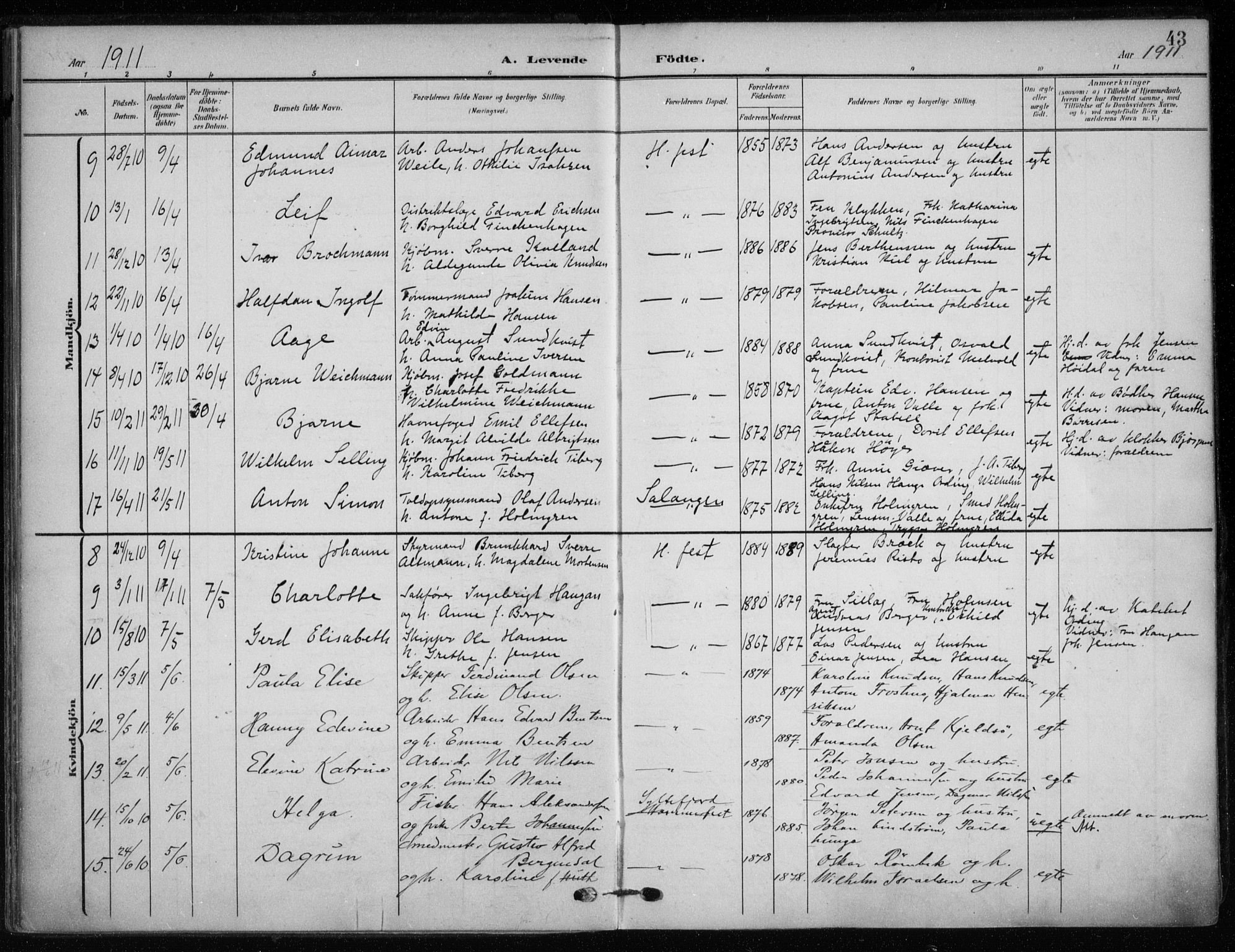 Hammerfest sokneprestkontor, SATØ/S-1347/H/Ha/L0014.kirke: Parish register (official) no. 14, 1906-1916, p. 43