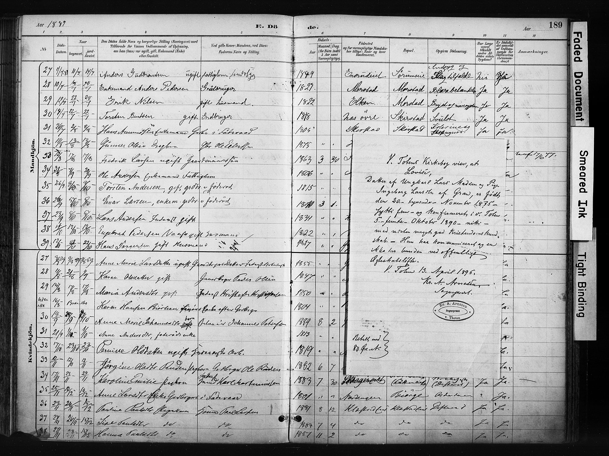 Gran prestekontor, SAH/PREST-112/H/Ha/Haa/L0017: Parish register (official) no. 17, 1889-1897, p. 189
