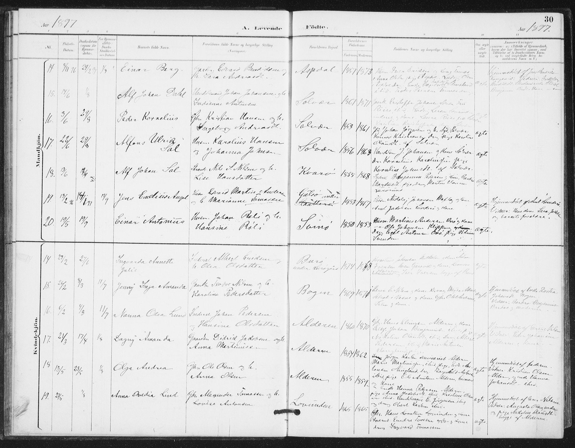 Ministerialprotokoller, klokkerbøker og fødselsregistre - Nordland, AV/SAT-A-1459/839/L0573: Parish register (copy) no. 839C03, 1892-1917, p. 30