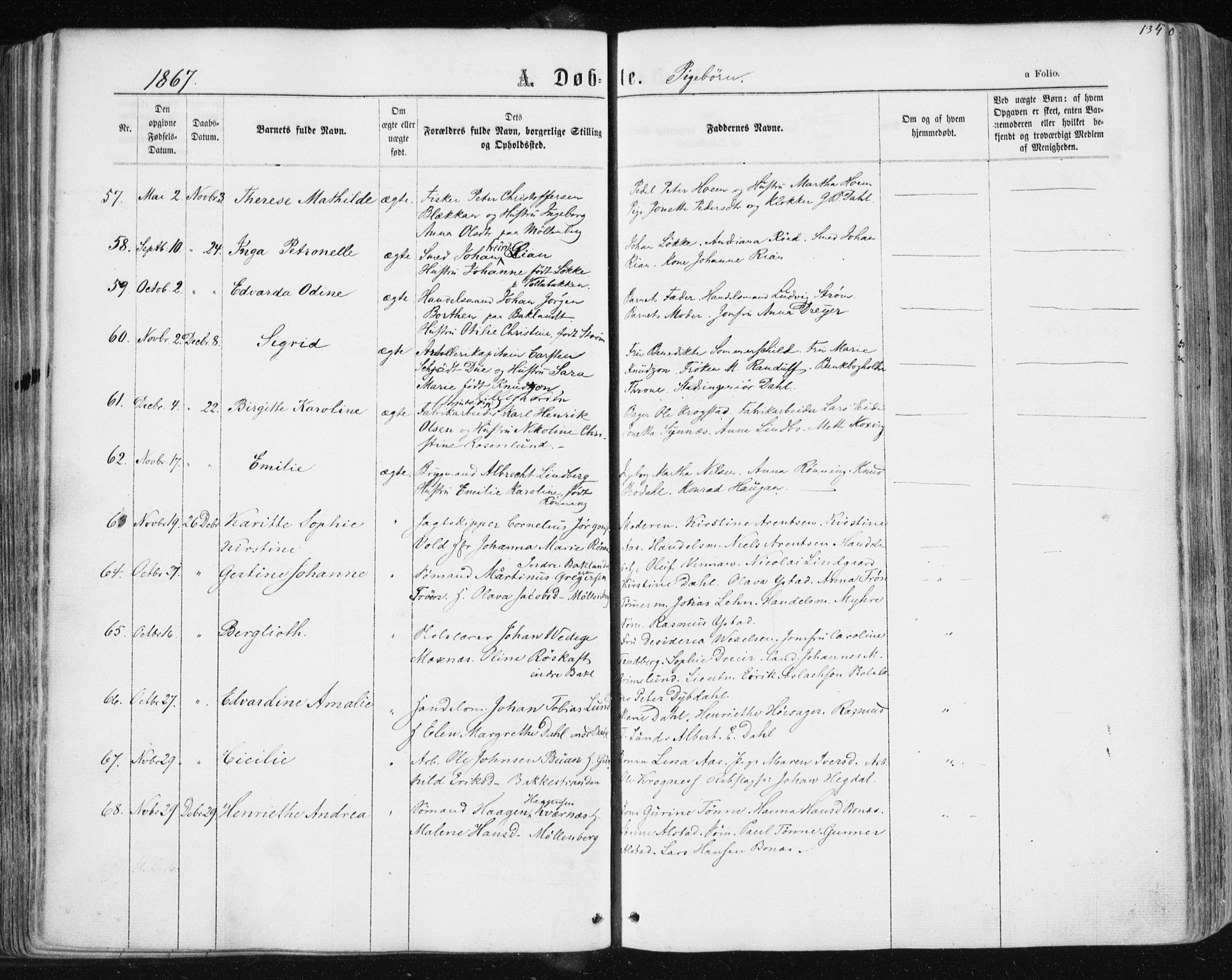Ministerialprotokoller, klokkerbøker og fødselsregistre - Sør-Trøndelag, SAT/A-1456/604/L0186: Parish register (official) no. 604A07, 1866-1877, p. 134