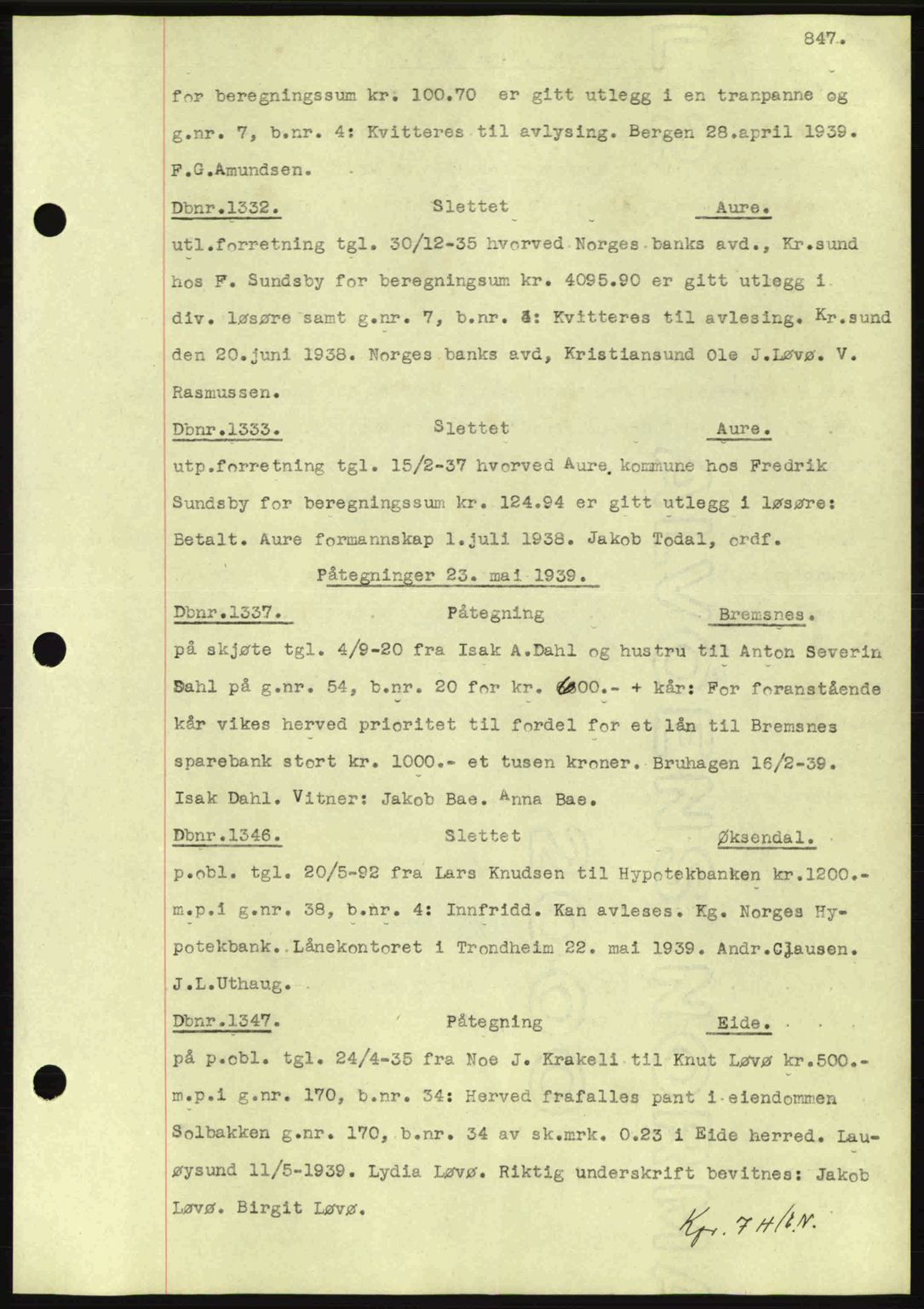 Nordmøre sorenskriveri, AV/SAT-A-4132/1/2/2Ca: Mortgage book no. C80, 1936-1939, Diary no: : 1332/1939