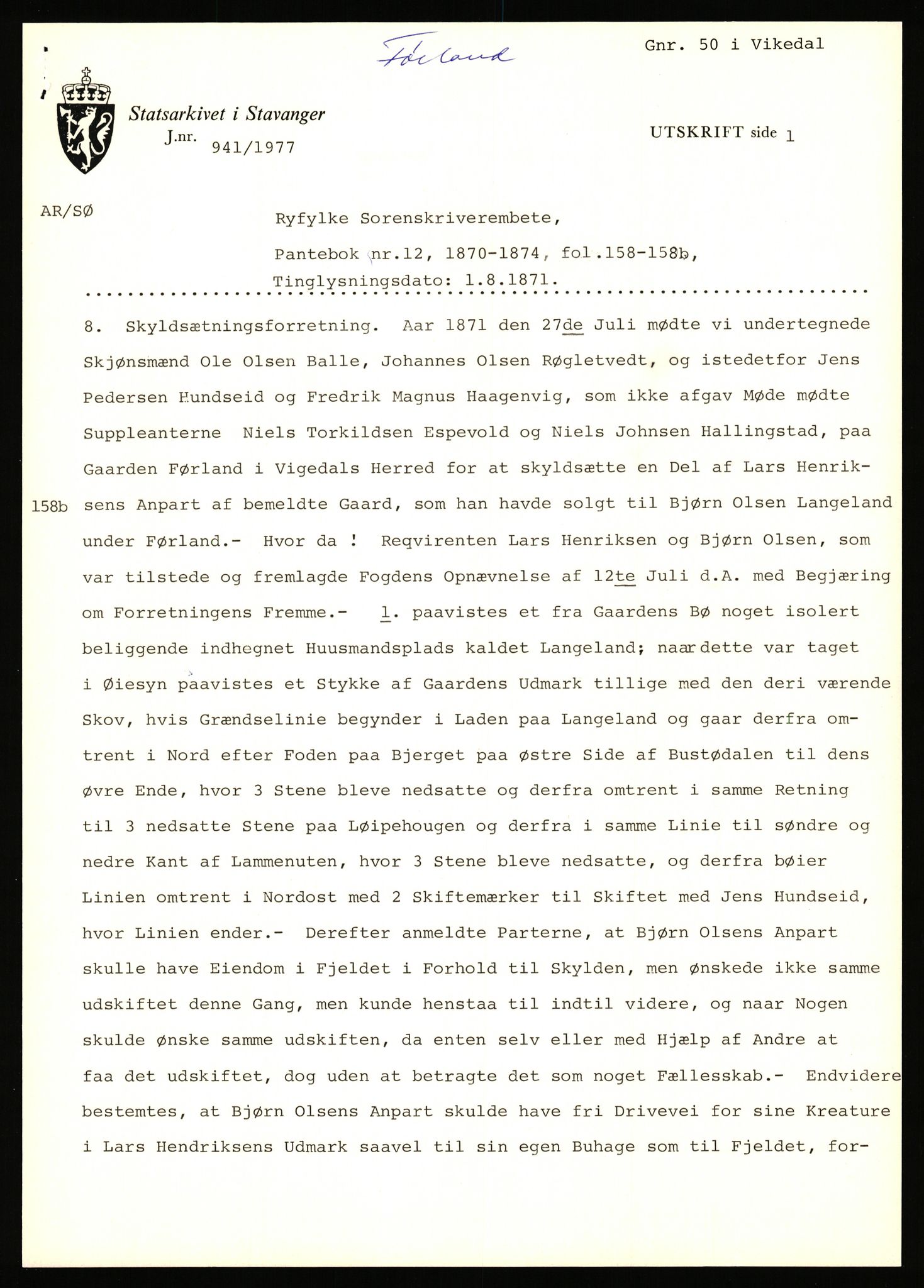 Statsarkivet i Stavanger, AV/SAST-A-101971/03/Y/Yj/L0024: Avskrifter sortert etter gårdsnavn: Fæøen - Garborg, 1750-1930, p. 332