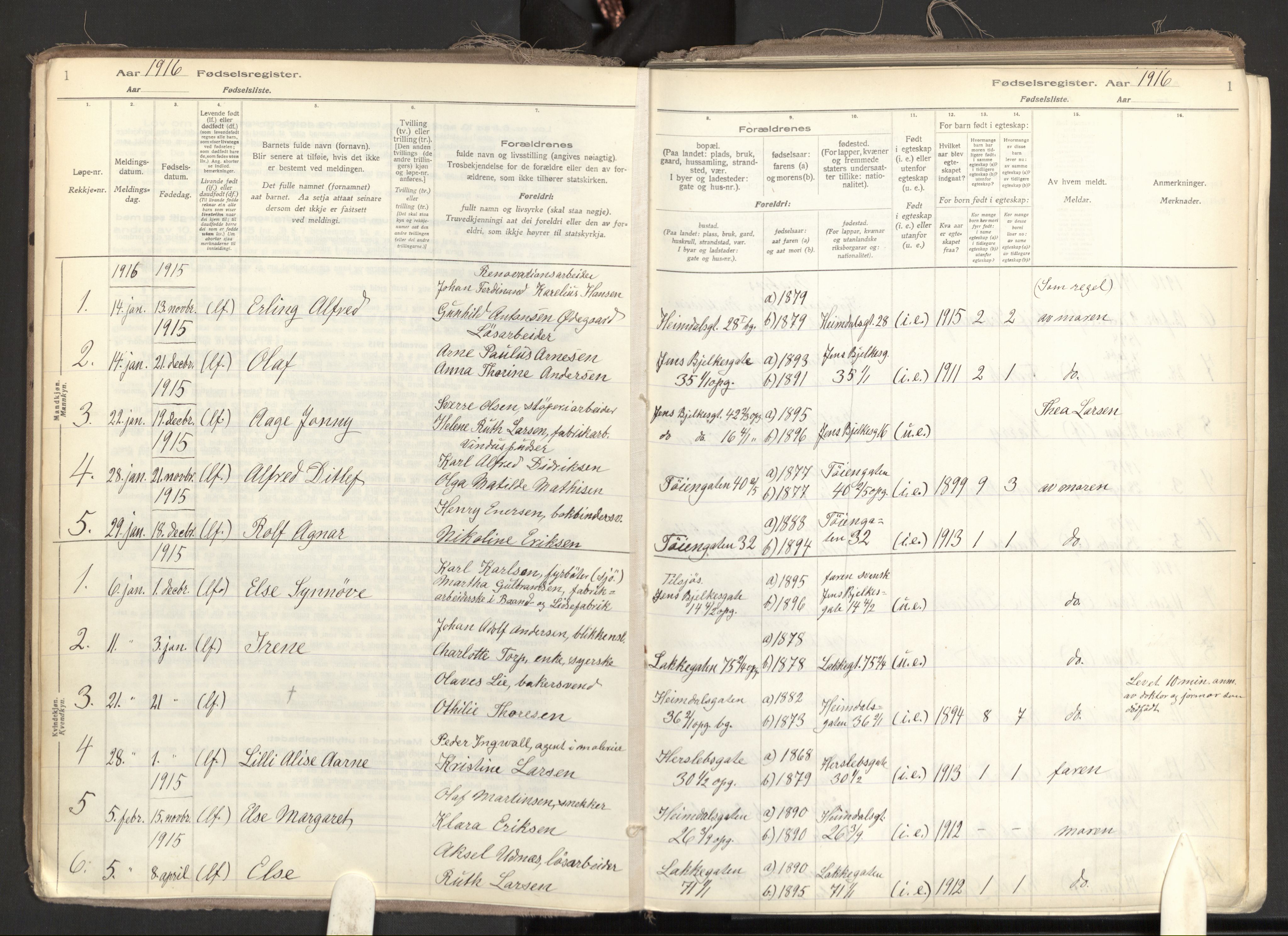 Tøyen prestekontor Kirkebøker, AV/SAO-A-10167a/J/Ja/L0001: Birth register no. 1, 1916-1944, p. 1